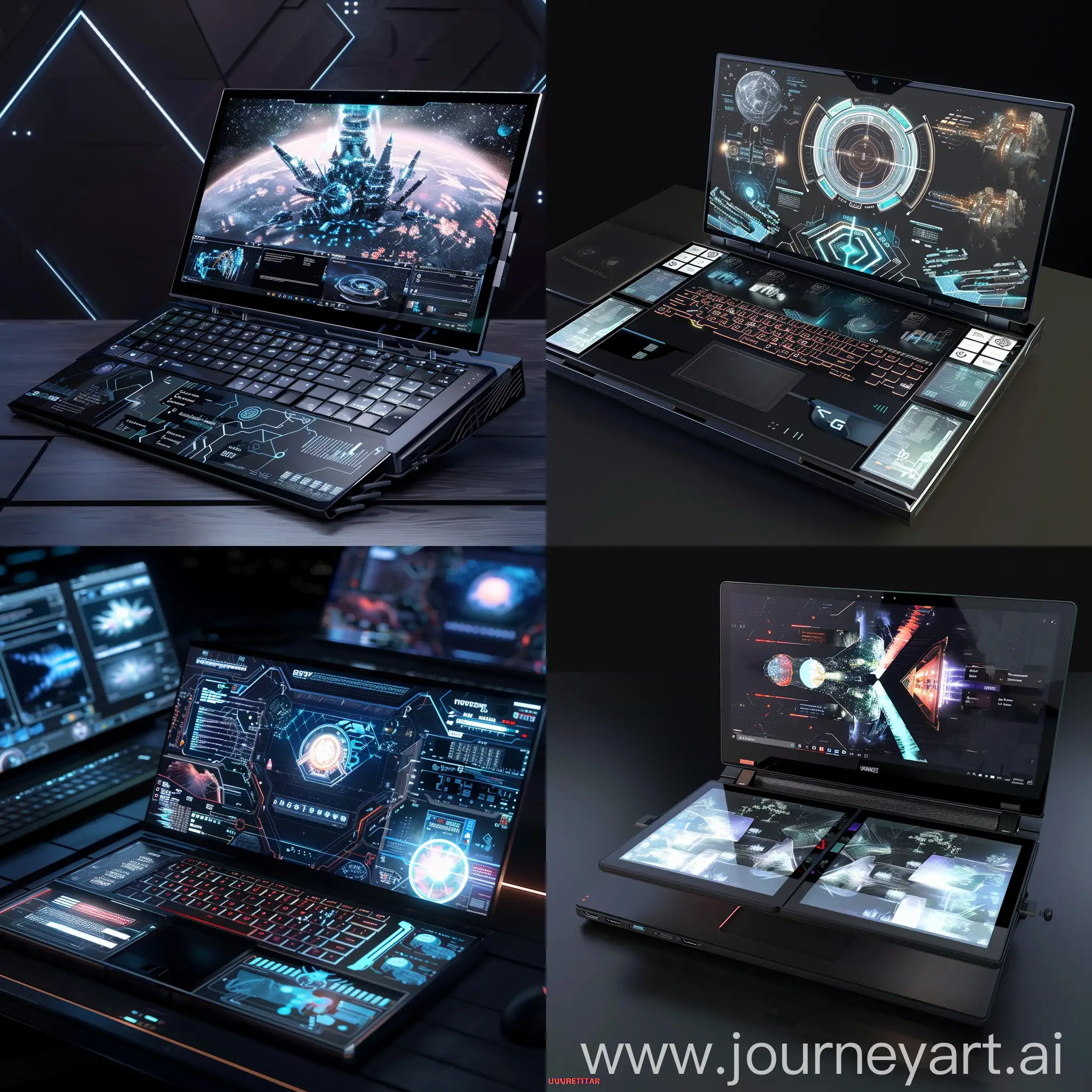 Futuristic laptop, immersive information age, AI-Enhanced CPU, Dual-Screen Designs, OLED Displays, AI-Powered Features, Ultra-High-Definition Graphics, Transparent Displays, Enhanced Connectivity, Sustainable Materials, Advanced Cooling Systems, Long Battery Life and Fast Charging, 4K and 8K Displays, HDR Support, High Refresh Rates, Immersive Audio, VR and AR Capabilities, Edge-to-Edge Displays, Haptic Feedback Touchpads, AI-Powered Touch and Gesture Controls, Integrated Eye-Tracking, Enhanced Webcam and Microphone Systems, Transparent Displays, Dual-Screen Configurations, Edge-to-Edge Displays, Flexible and Foldable Screens, Haptic Feedback Touchpads, Ultra-Thin Profiles, Premium Materials, Capacitive Touch Function Keys, High-Resolution Cameras, RGB and Customizable Lighting, 4K and 8K Displays, HDR Support, High Refresh Rates, 360-Degree Hinge Designs, Integrated VR and AR Support, Advanced Audio System, Touch and Stylus Input, G-Sync and FreeSync Technology, Eye-Tracking Technology, Enhanced Connectivity Options, unreal engine 5 --stylize 1000