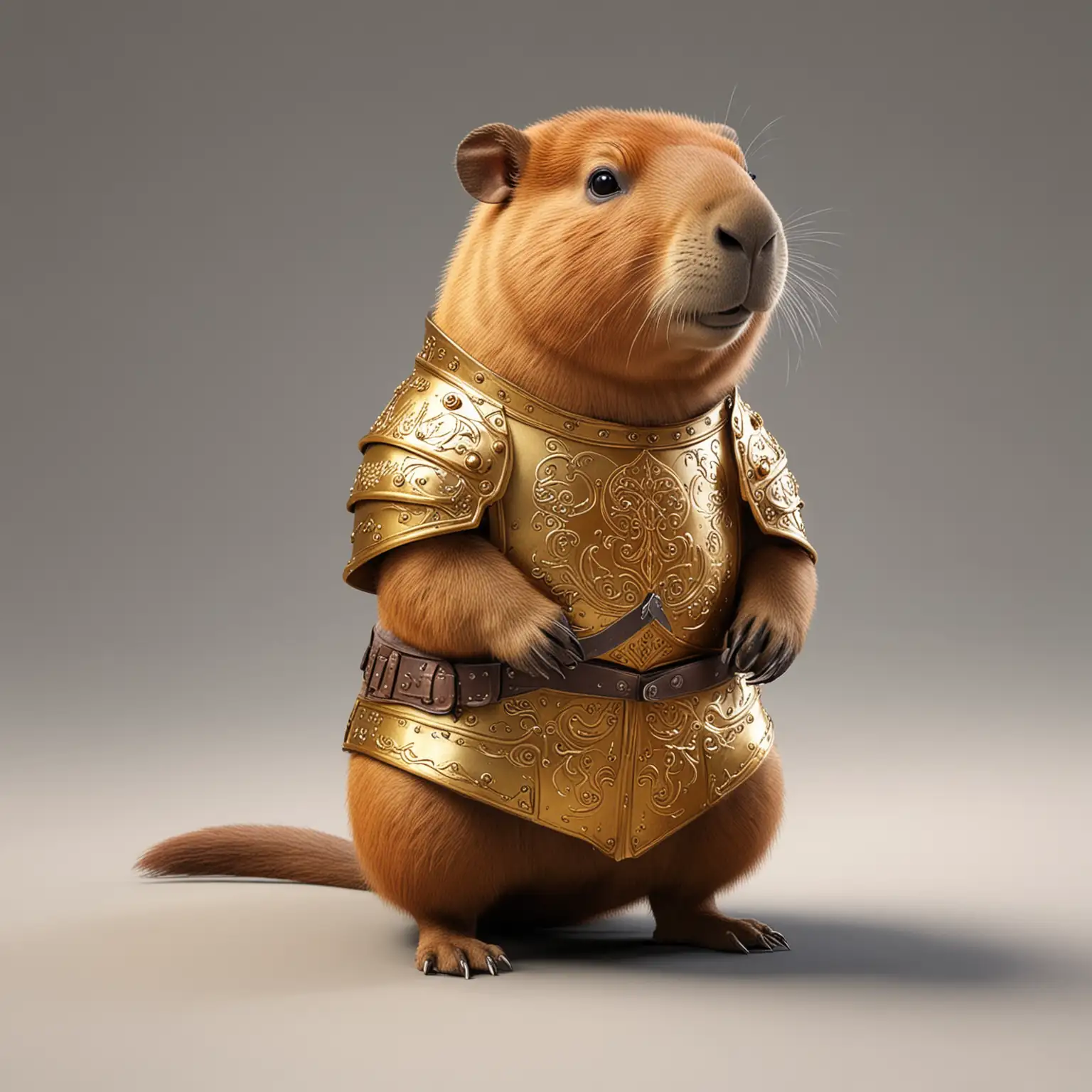 Realistic Cute Capybara Warrior in Colorful Golden Medieval Armor