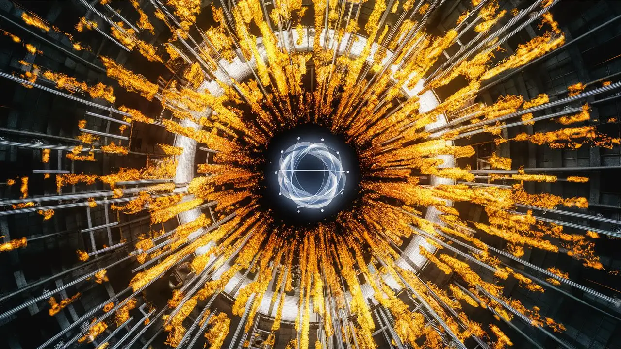 Crie uma imagem inspiradora que capture a essência da descoberta do Higgs boson ("God Particle") no Large Hadron Collider (LHC) no CERN. A imagem deve incluir os seguintes elementos:

O interior do LHC, com uma visualização estilizada de partículas colidindo.
Uma representação artística do Higgs boson, destacando sua importância na física de partículas.
Retratos ou silhuetas de Peter Higgs e François Englert, os principais cientistas por trás da teoria do Higgs boson.
Elementos visuais que simbolizem a Higgs field permeando o universo.
Textos informativos integrados na imagem, como "Higgs boson: The God Particle", "Discovered on July 4, 2012", e "At the Large Hadron Collider (LHC)".
A imagem deve ser científica e futurista, com um toque de mistério e exploração, atraindo a curiosidade sobre a física de partículas e o universo.

Paleta de Cores:

Tons de azul e preto para o fundo (simbolizando o universo e o LHC)
Partículas brilhantes em amarelo e branco (representando colisões e o Higgs boson)
Retratos em tons sépia ou monocromáticos para um toque histórico