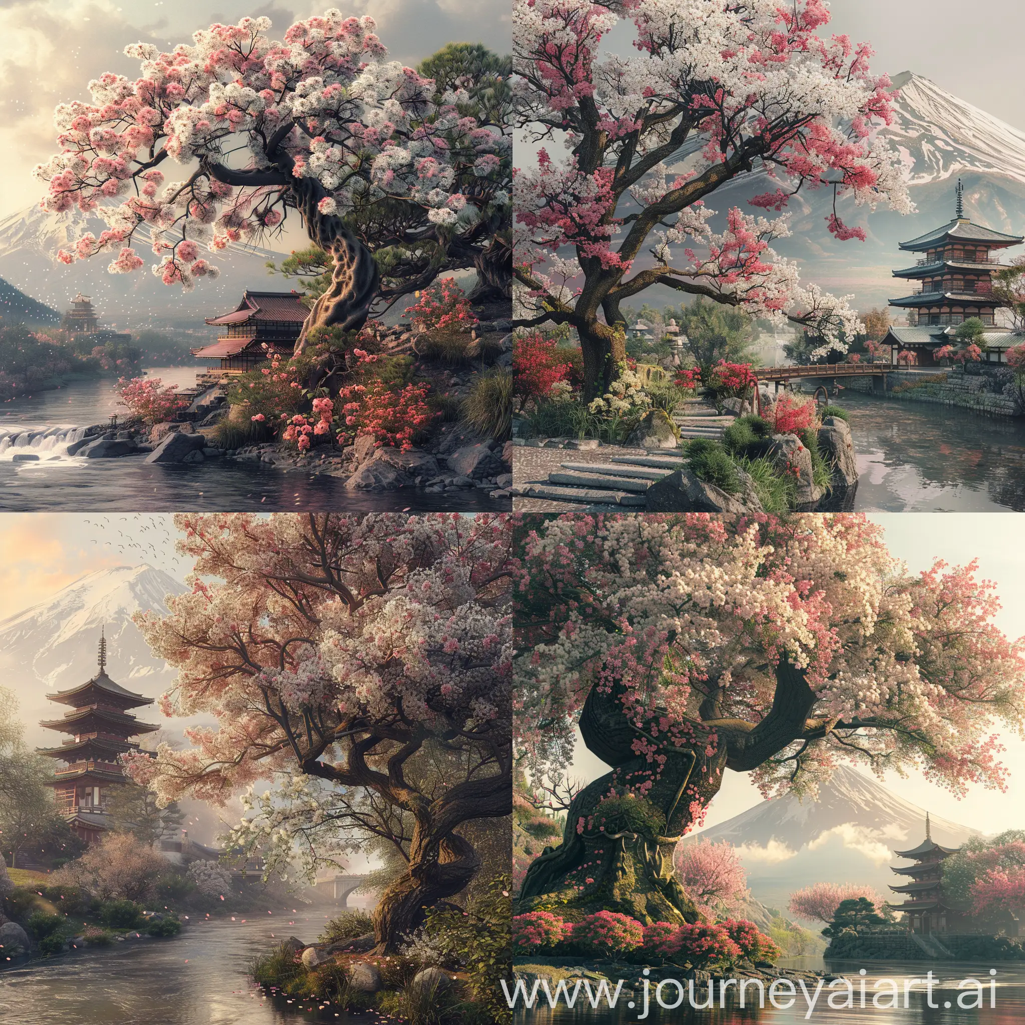 Tranquil-Japanese-Sakura-Tree-by-the-River-with-Mount-Fuji-and-Temple