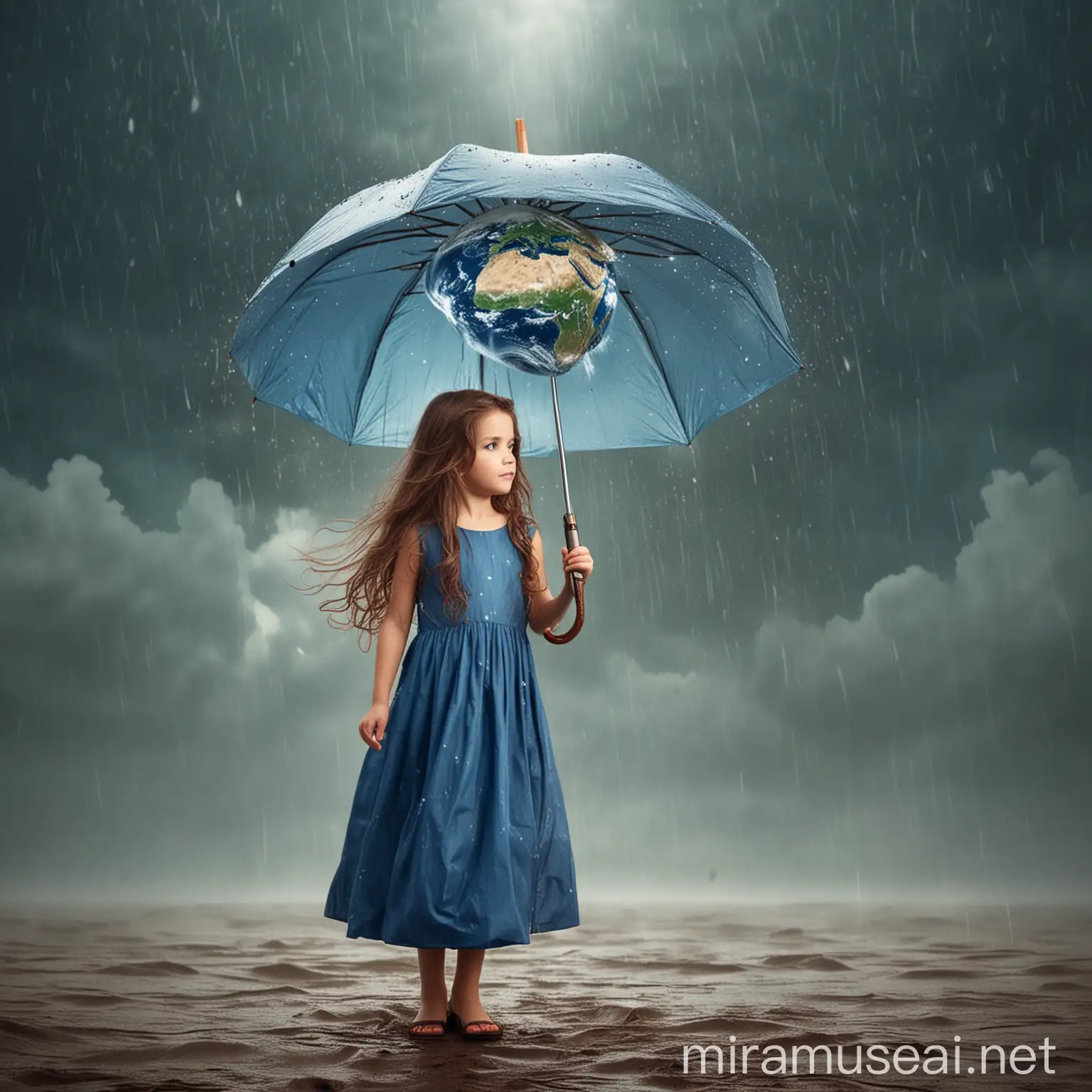 یه بچه زیبا سورعال و دیجیتال ارت موهای بلند قهوه ای که یه چتر بزرگ دستش گرفته ودردستش کره زمین به دست گرفته 
لباس آبی زیبا بلند برتنش می‌باشد وازاسمان باران می‌بارد نماد کمک به کره زمین لطفا بسیار خاص وخوب طراحی کن
