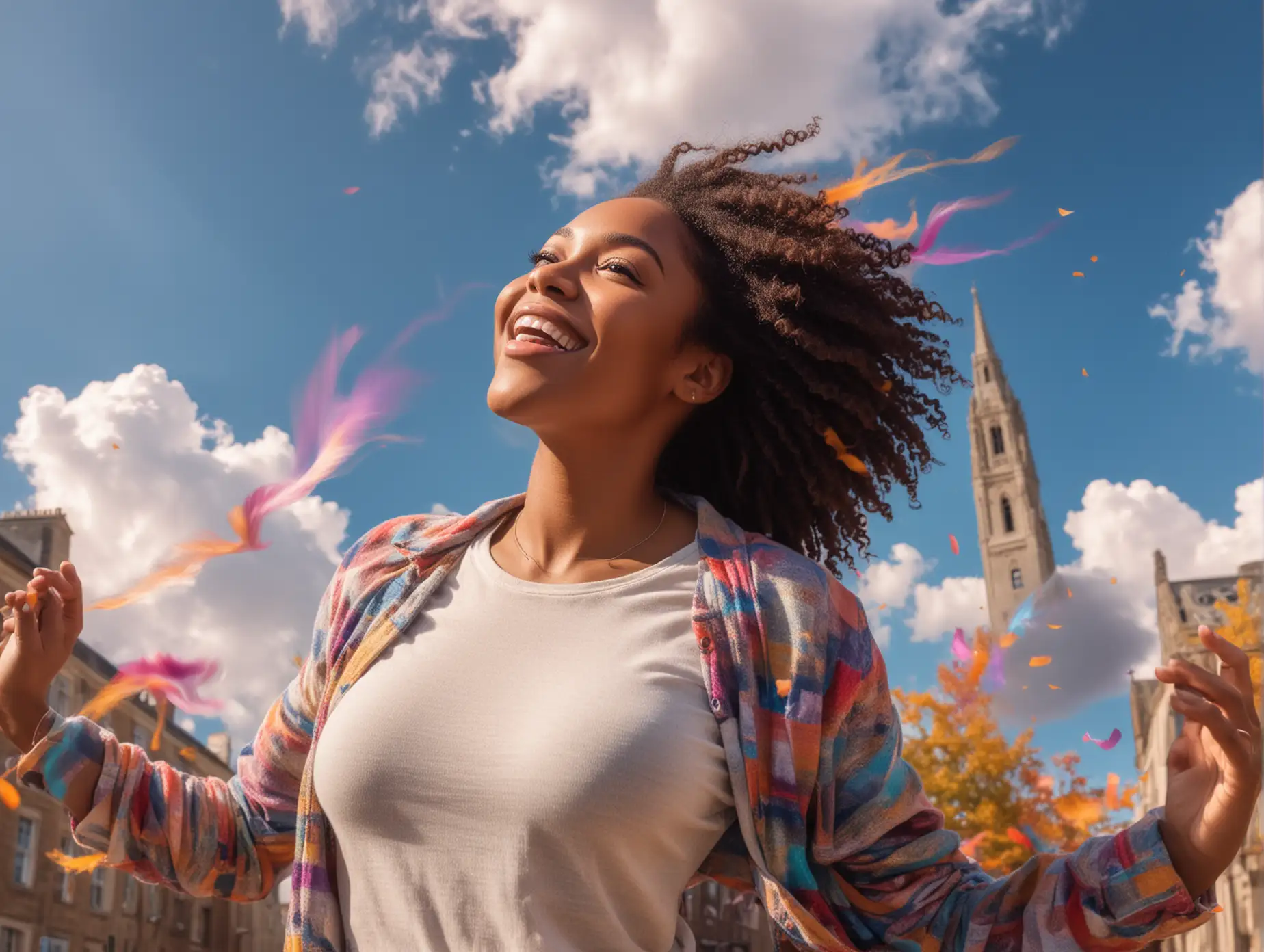 Joyful Black Woman Reaching for Colorful Sky in University Courtyard