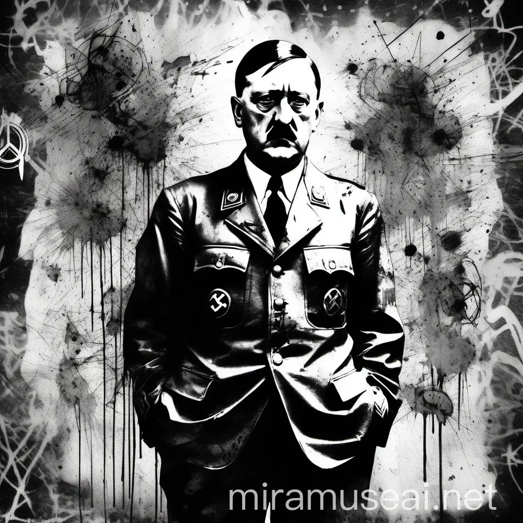 full body portrait, black and white rough conceptual charcoal and ink splash art vintage portrait of hitler, anime and quasi realistic, abstract , punk collage , urbanpunk, random textures, random graffiti strokes, surreal artwork, Impermanence moody, digital illustration, melancholy, macabre, by suehiro maruo and junji ito --ar 4:5 --s 750