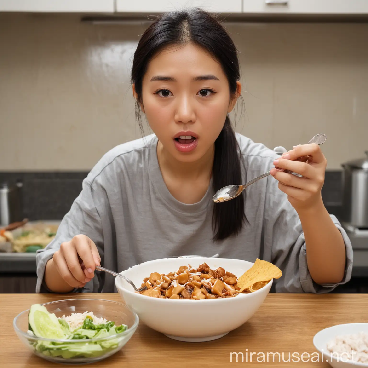 asian holding spoon and eating bad taste food, salty food on bowl,  in the kitchen