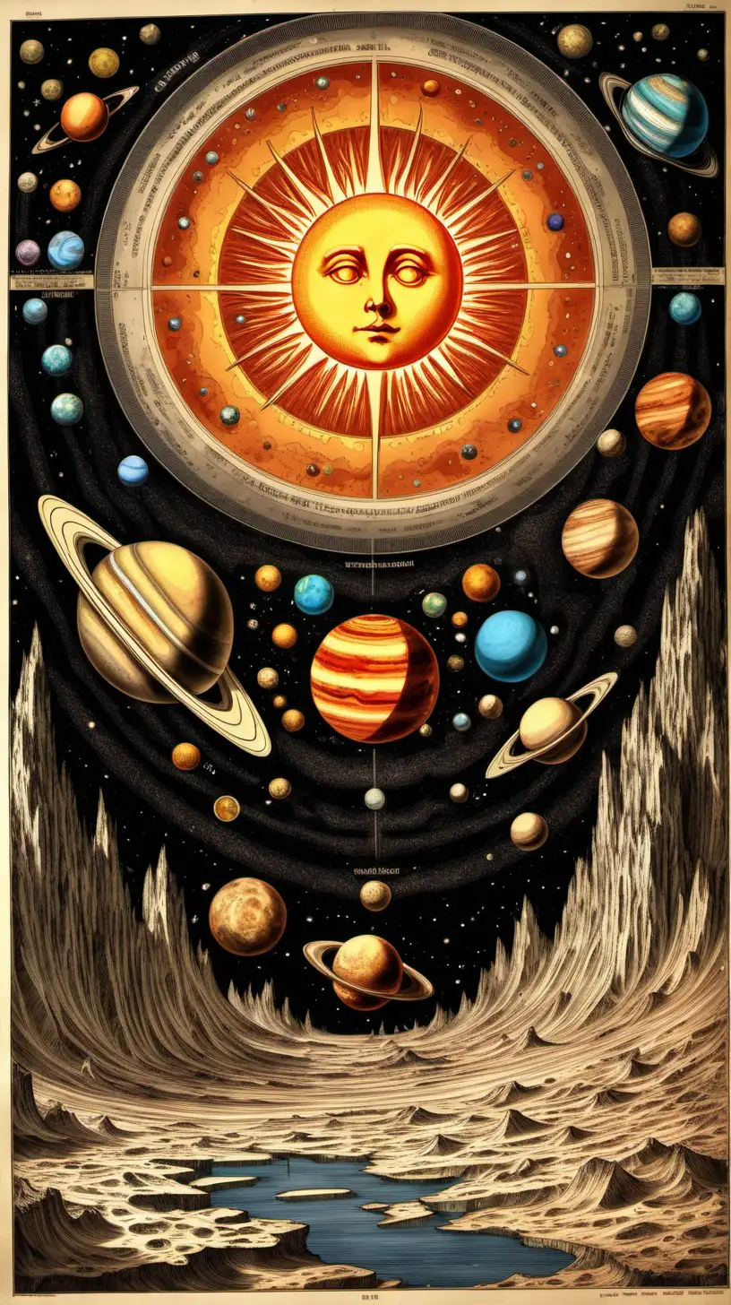 Solar System Planets Alignment Intricate Aquatint Art of Earth and Celestial Bodies
