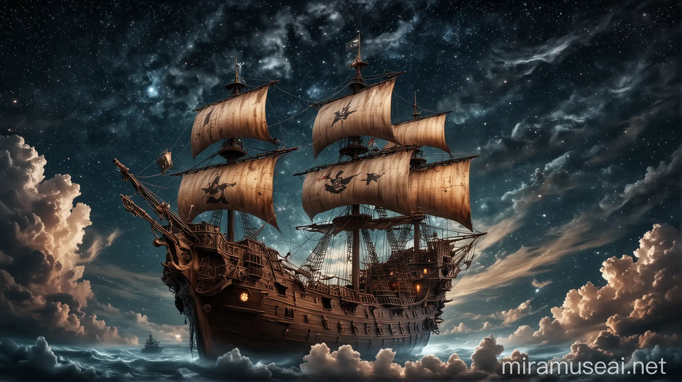 Majestic Pirate Ship ATEEZ Sailing Under Starry Sky