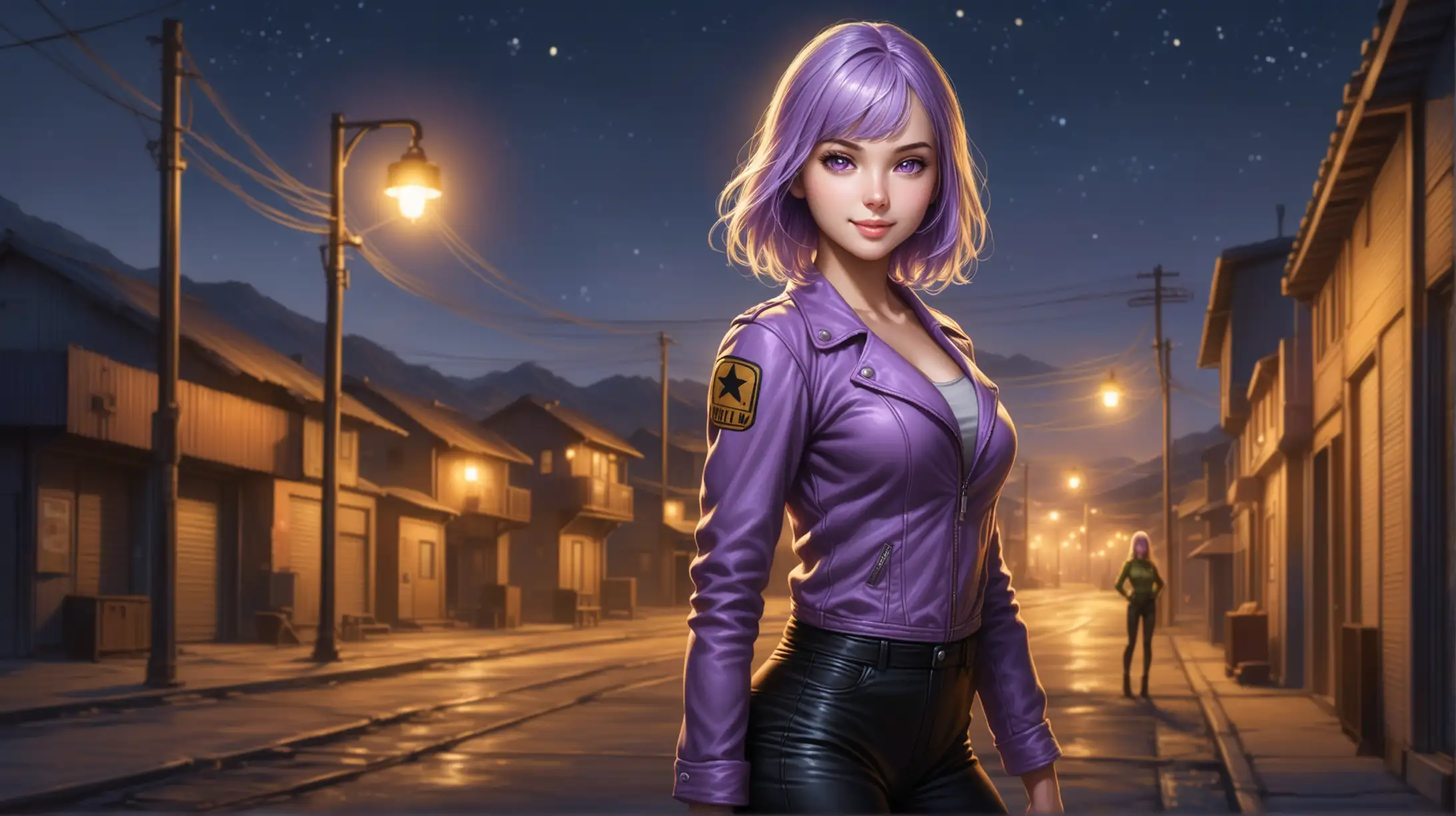 Woman with ShoulderLength Light Purple Hair in FalloutInspired Outfit at Night