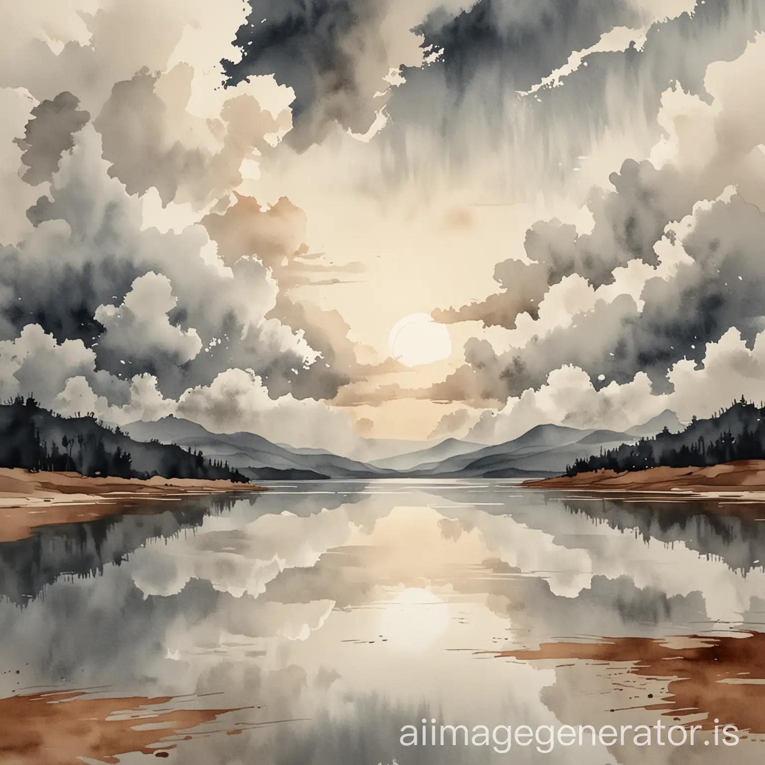 Abstract-Watercolor-Painting-of-Earthtone-Clouds-Reflected-on-a-Serene-Lake
