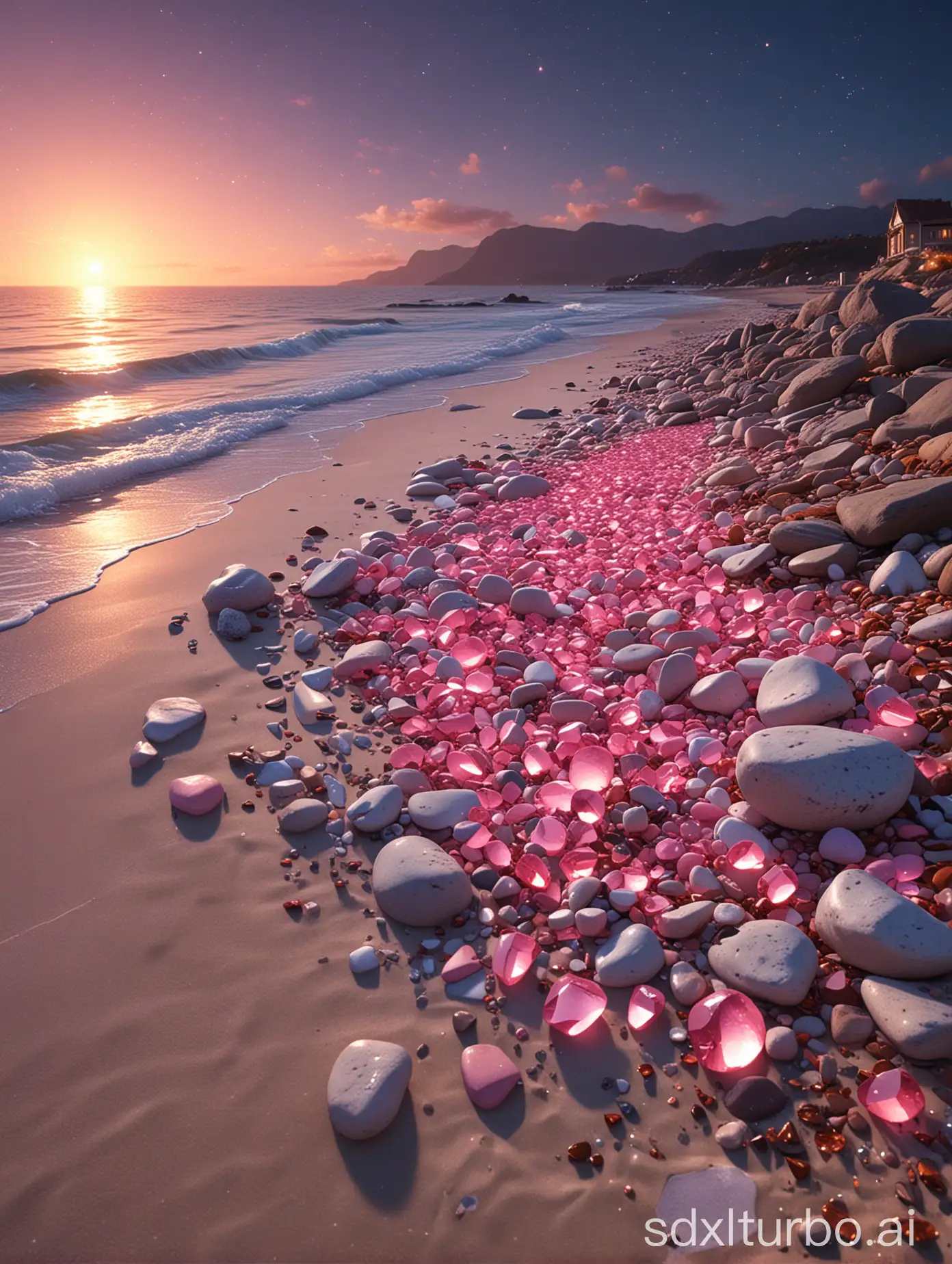 At night, in the sky and on the beach, large pink stones are piled up, round and full, clear and transparent, smooth and transparent, crystal clear, pure in color and transparent. On the beach, a champagne-coloured path with diamonds glitters leads to Crescent Bay, surrounded by several colourful gemstones. Dream Engine, Epic Rendering, Ultra HD, Ultra Wide Angle, Art Station,