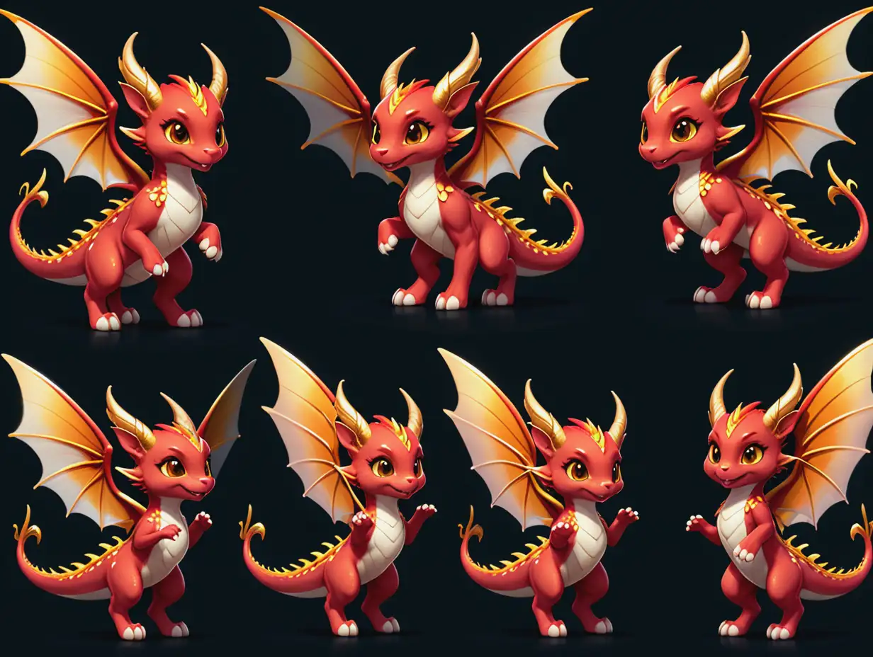 a sprite sheet featuring different poses of an adorable fey dragon flying with golden brown eyes, fairy-like wings tinted red. The character should have a playful demeanor. Each pose should convey a different action or emotion, such as flying, laughing, sleeping, thinking, and smiling.  The background should be transparent to focus on the character’s design.