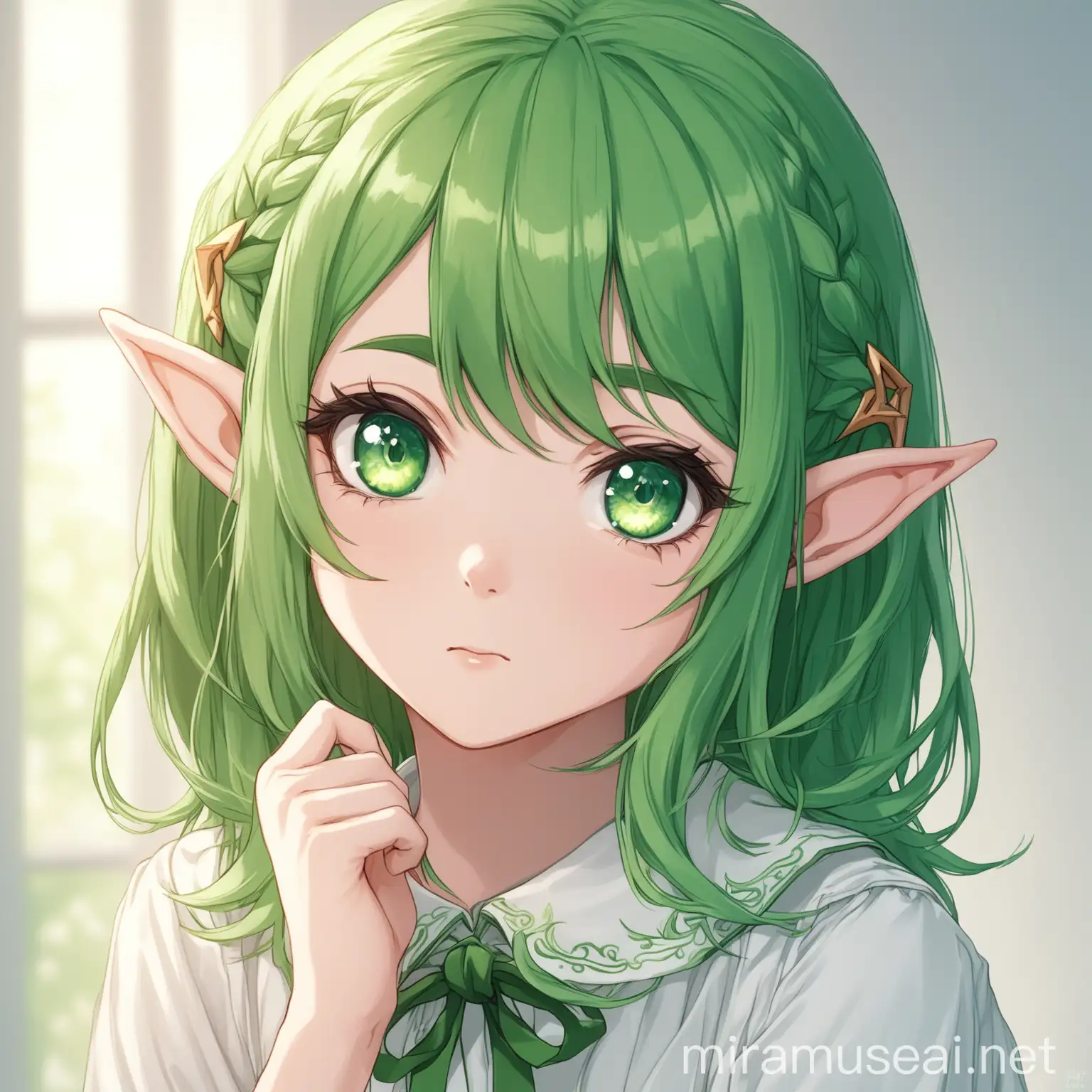 Teenage Elf with Green Hair and Eyes in White Blouse