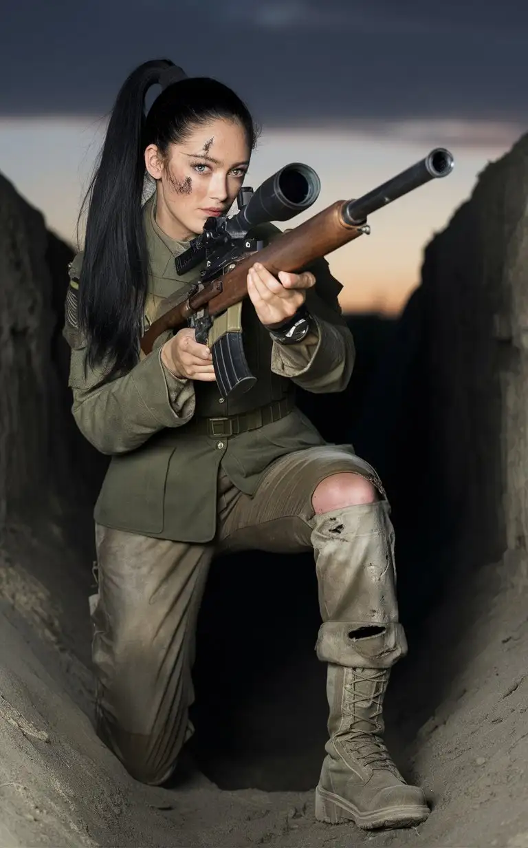Real photo, dusk, in the trench, a female sniper, black hair, long hair, ponytail, beautiful face, wearing military uniform, training uniform, stained clothes, dust on her face, holes in her pants, military boots, holding a sniper Gun, aiming, looking into the scope, cold face