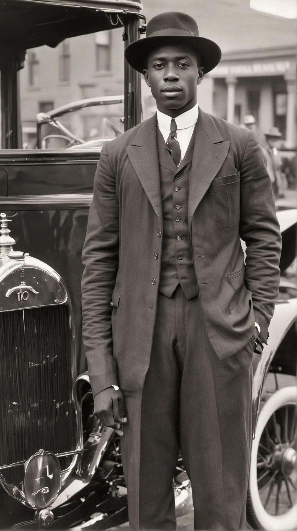 Handsome Black man with hat on standing in front of a Patterson-Greenfield automobile of 1915