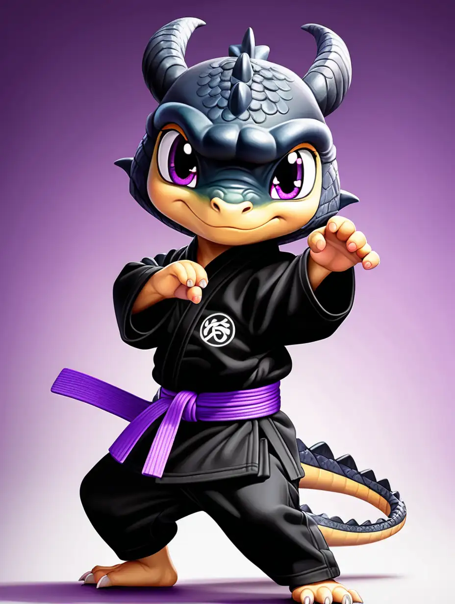 Cute little dragon in a black karate uniform with a purple belt in a ninja pose, no wings, Japanese background