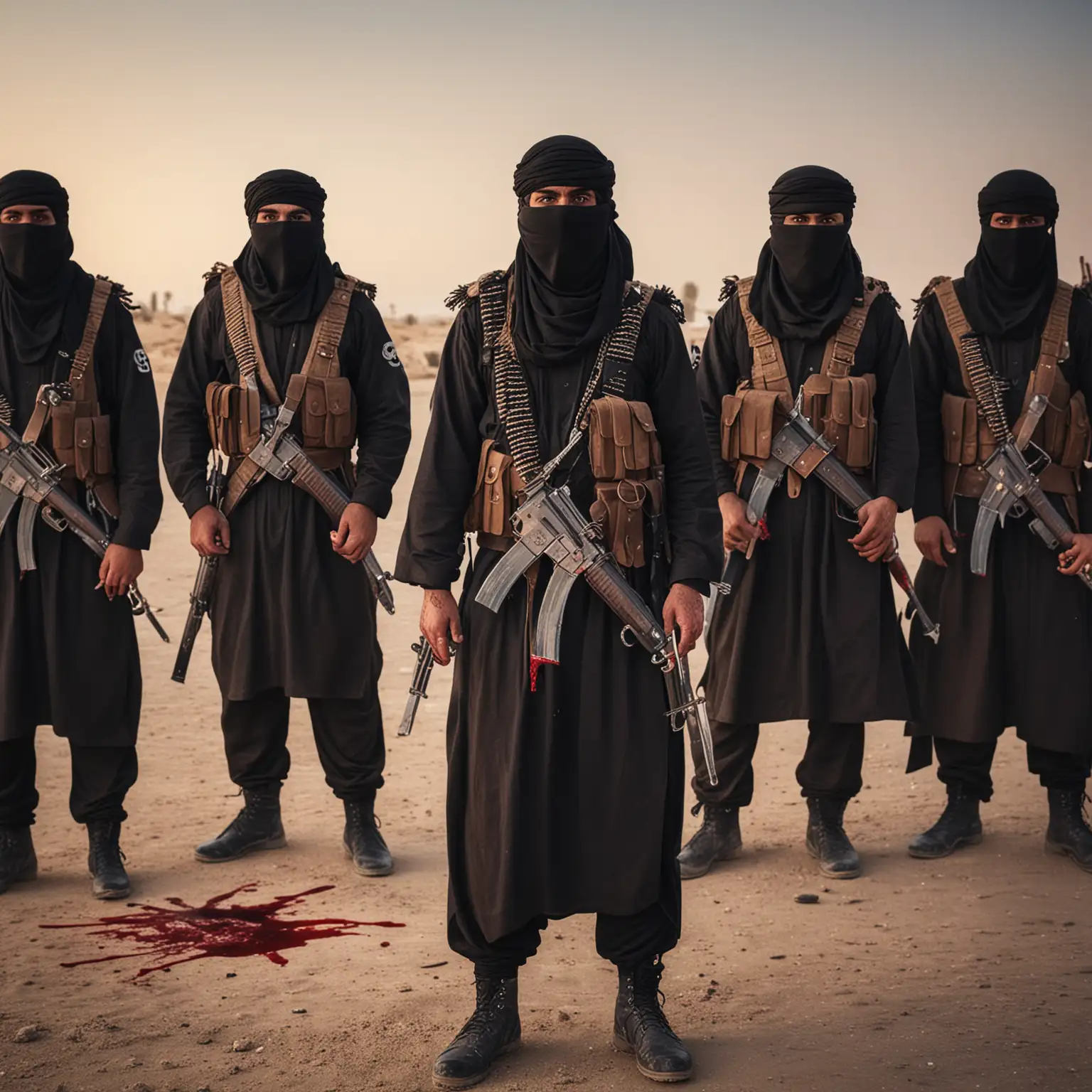 isis terrorists in the middle east with blood and swords. looking at the camera