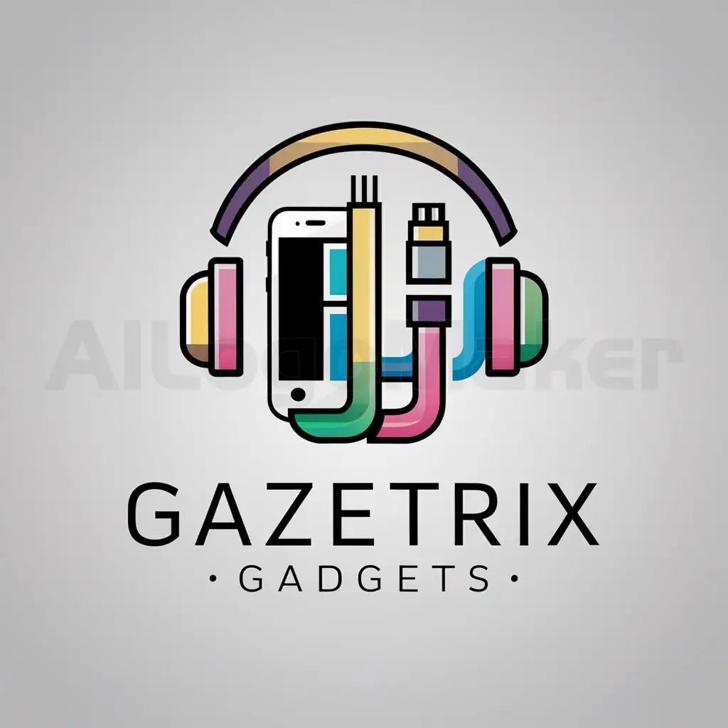 a logo design,with the text "Gazetrix Gadgets", main symbol:Gadgets/phone/ data cable/ headphones /colourful,Moderate,be used in Technology industry,clear background