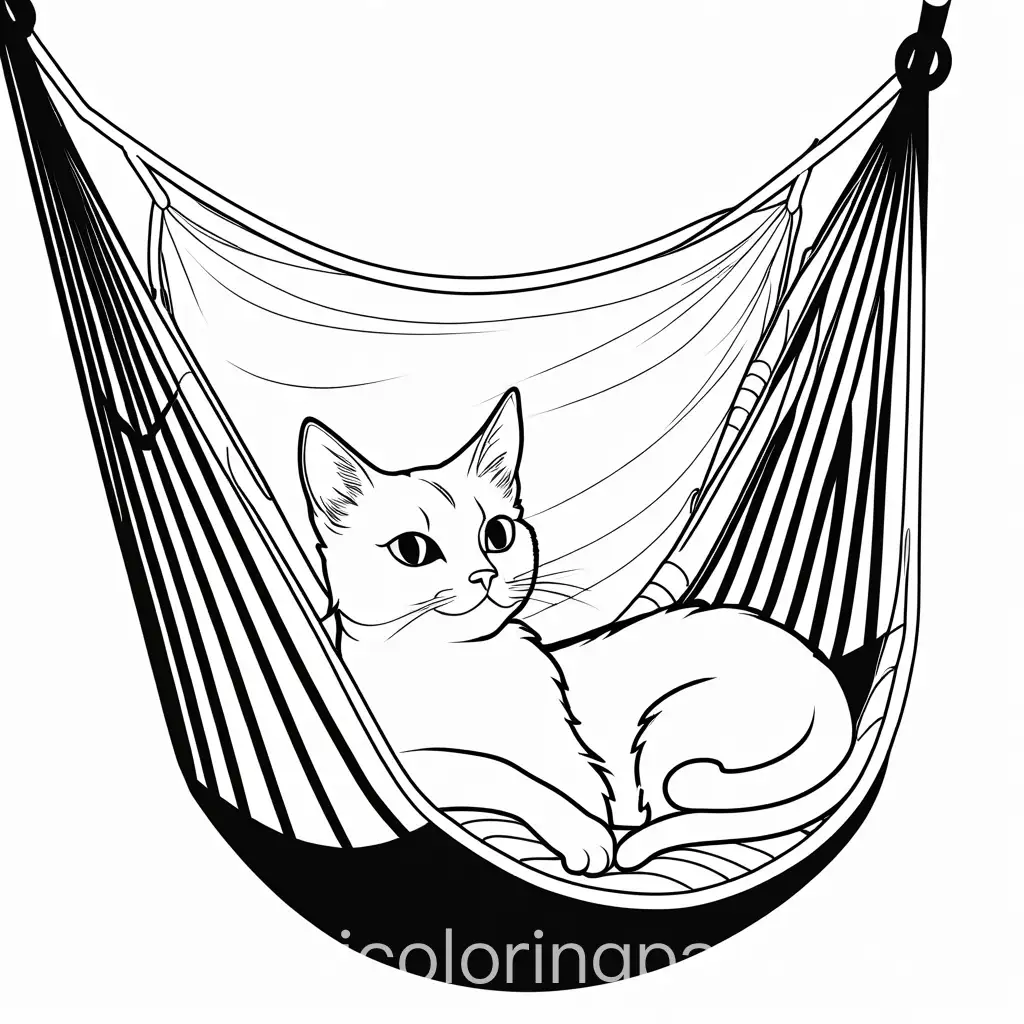 A female cat relaxing in a hammock sipping coconut water, Coloring Page, black and white, line art, white background, Simplicity, Ample White Space. The background of the coloring page is plain white to make it easy for young children to color within the lines. The outlines of all the subjects are easy to distinguish, making it simple for kids to color without too much difficulty