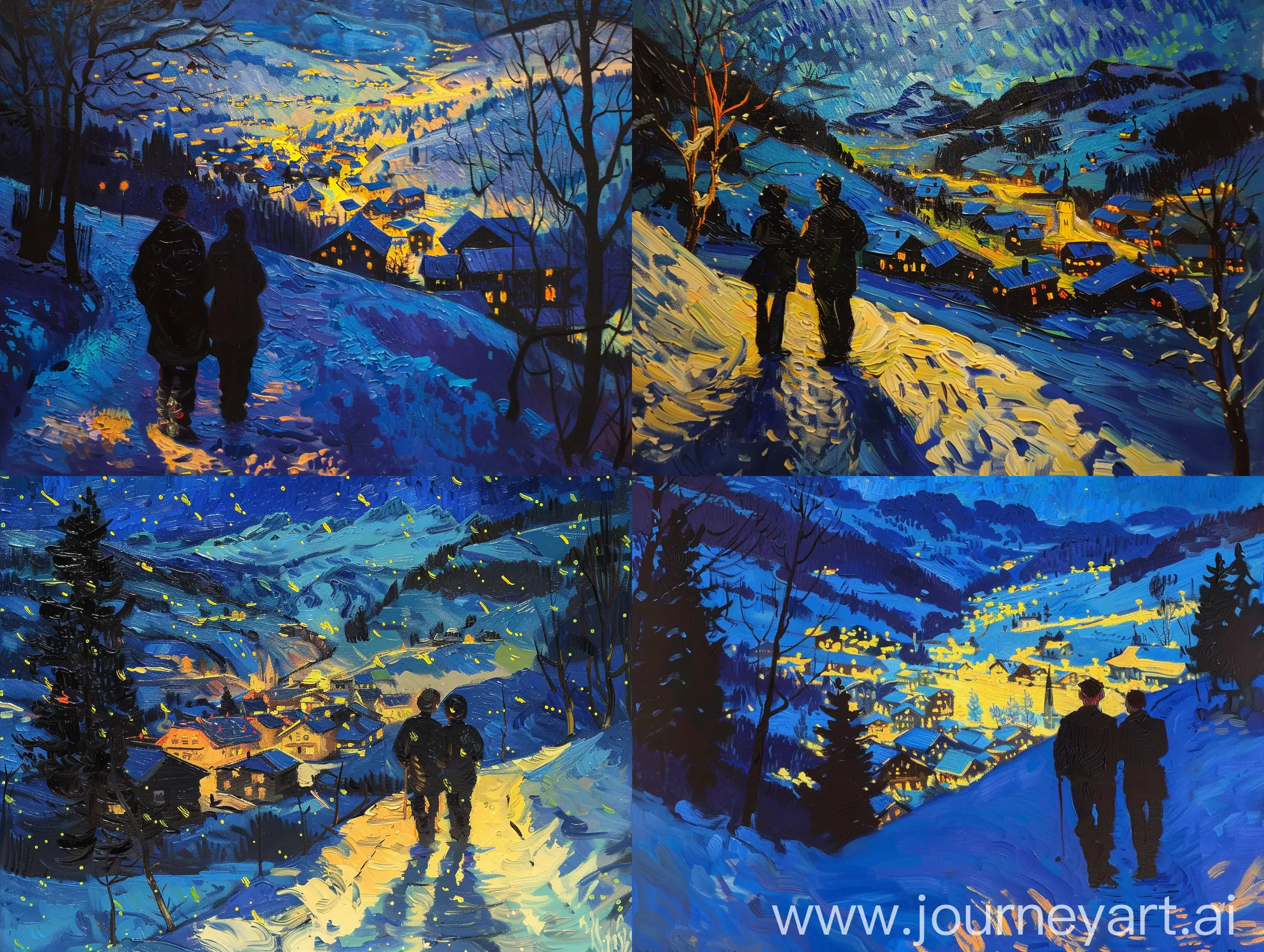 oil painting of a snowy night scene with two silhouetted figures on a path overlooking a village illuminated by warm yellow lights, showcasing bold brushstrokes and vibrant color contrasts in a post-impressionist or expressionist style in van gogh style