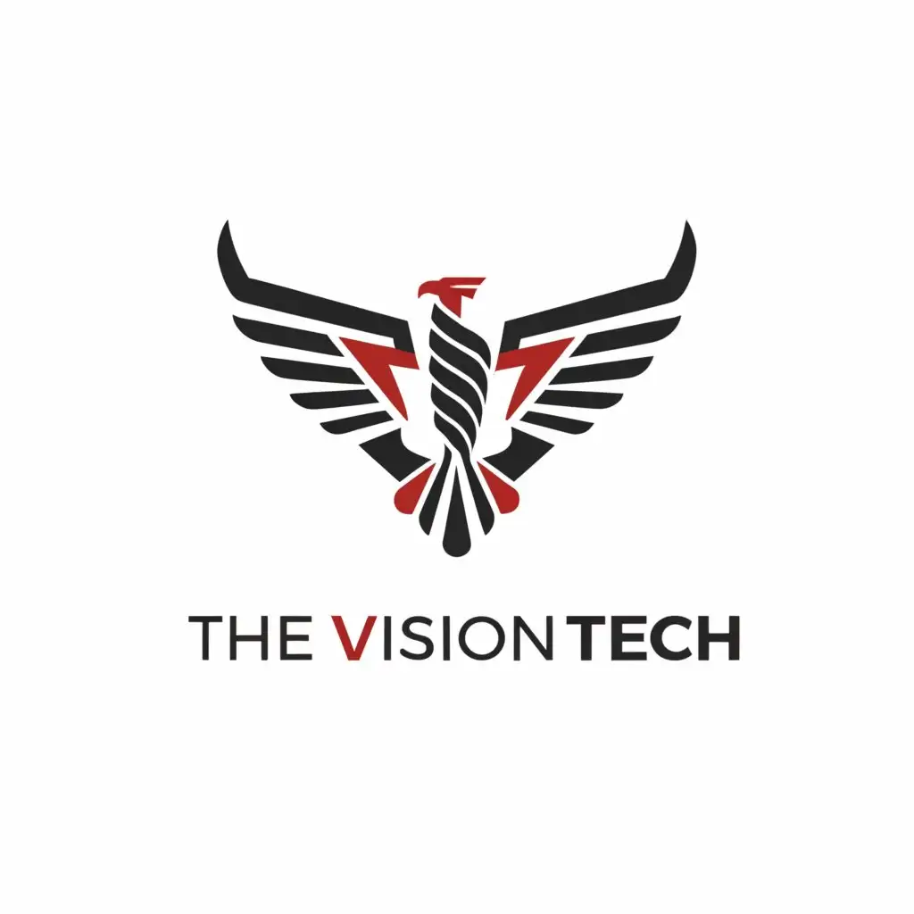 a logo in red design,with the text 'THE VISION TECH', main symbol:eagle,Moderate, be used in Technology industry, clear background 