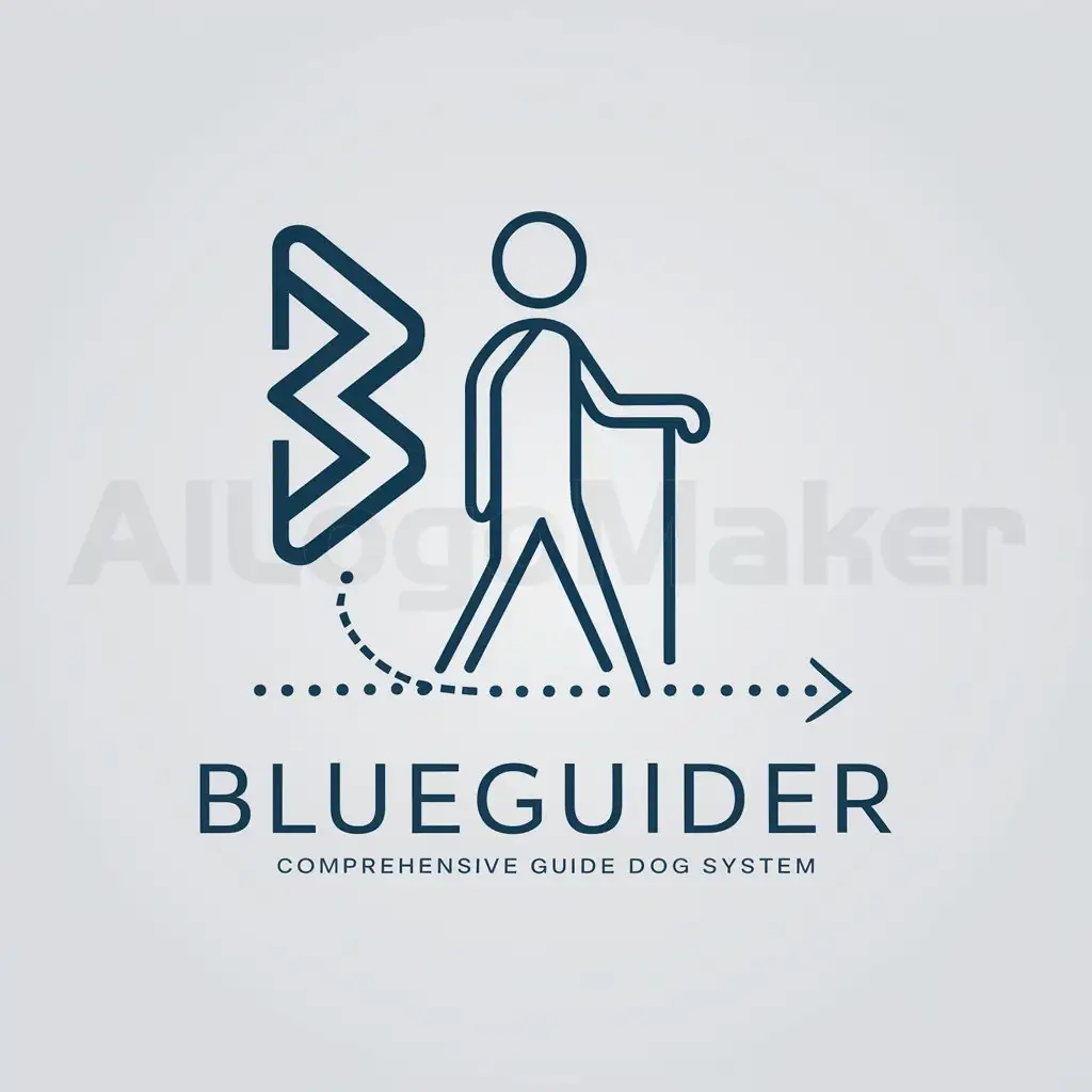 a logo design,with the text "blueGuider comprehensive guide dog system", main symbol: Combine the image of a Bluetooth signal with that of a cane, creating a symbol that represents the combined meaning, emphasizing technology and navigation features. Use simple lines to draw an abstract human figure pattern, with a dotted line path beneath its feet representing the virtual guideline for blind navigation. Design a tactile logo that is perceptible by touch, making the brand image more humanized and approachable for the target audience. Integrate the concept of equality, consider color-blind friendly color schemes when designing the logo to ensure all people can identify and understand it.,Minimalistic,be used in Internet industry,clear background
