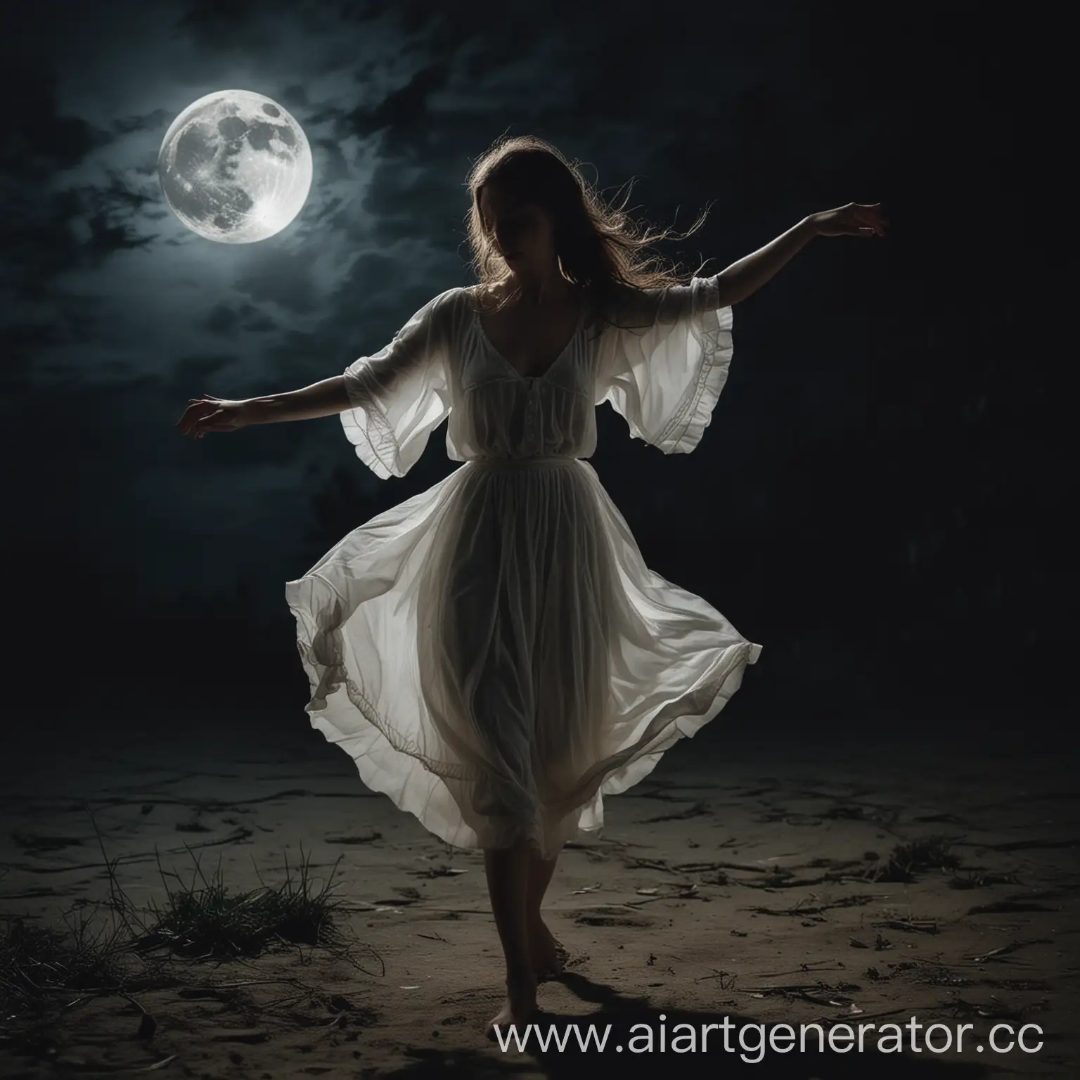 ночная тьма в лунном отблике, танцующая девушка, с осколков жизни подол собран, облик истинного безумства