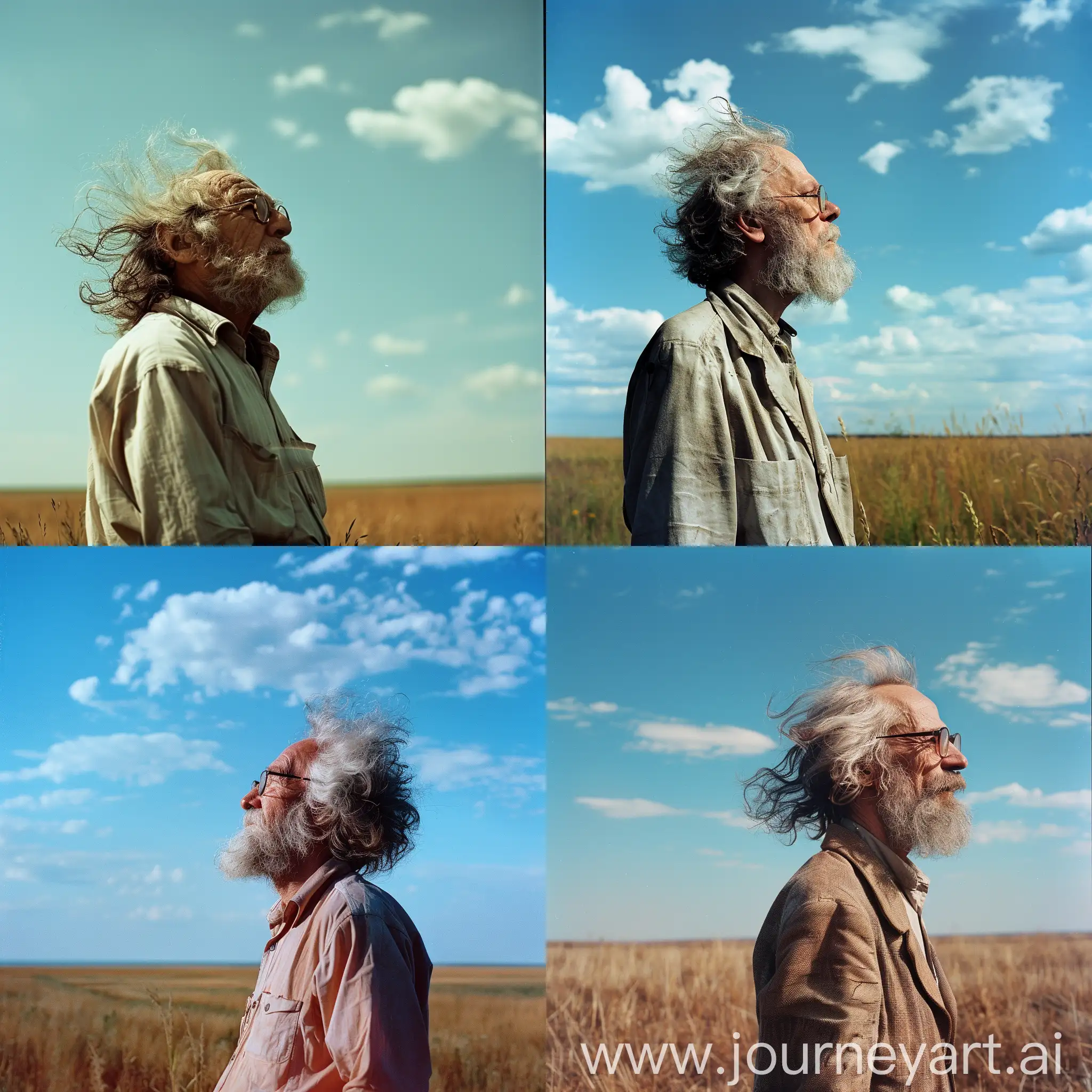Циолковский, стоит в поле в полный рост, в очках, с растрепанными волосами как у циолковского, смотрит в голубое небо, цветное четкое фото