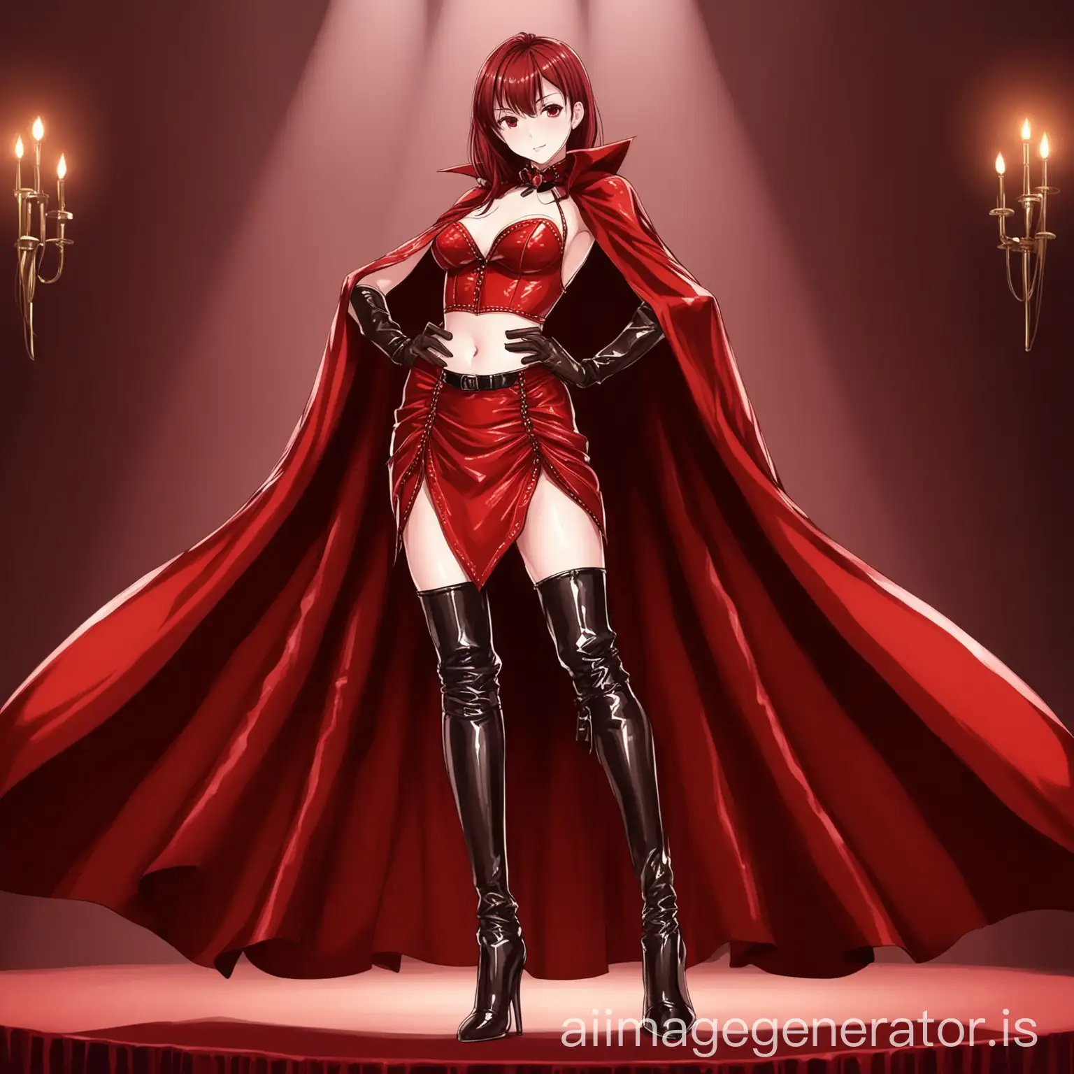 hot anime girl in an attractive red cabaret dress wearing a croptop, skirt, long leather gloves, long leather boot heels and a cape