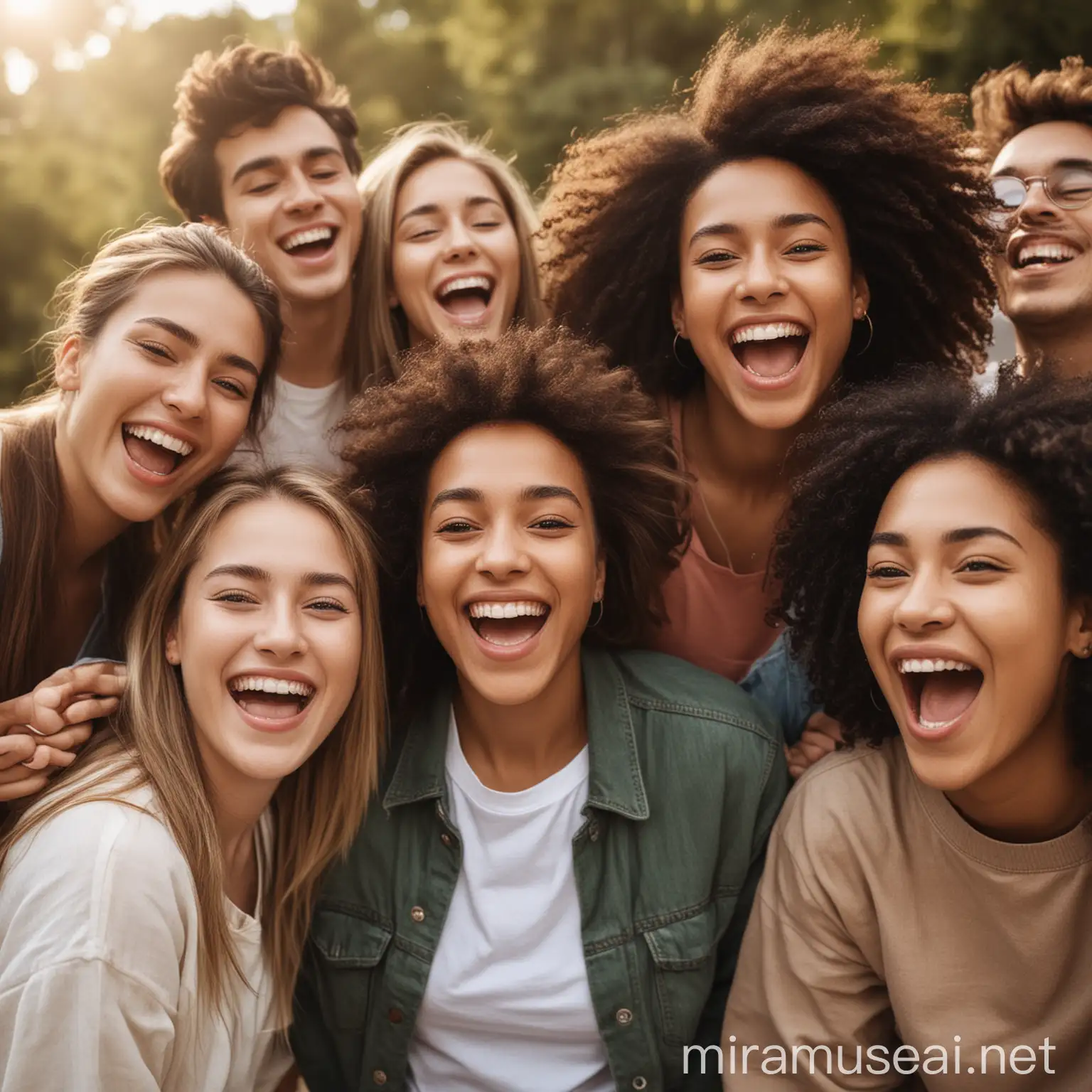a group of several people having fun looking happy together. they should represent a diverse group of ethnicities and genders. it should be something that would appeal to someone currently dealing with mental health issues looking to feel calm and peaceful again