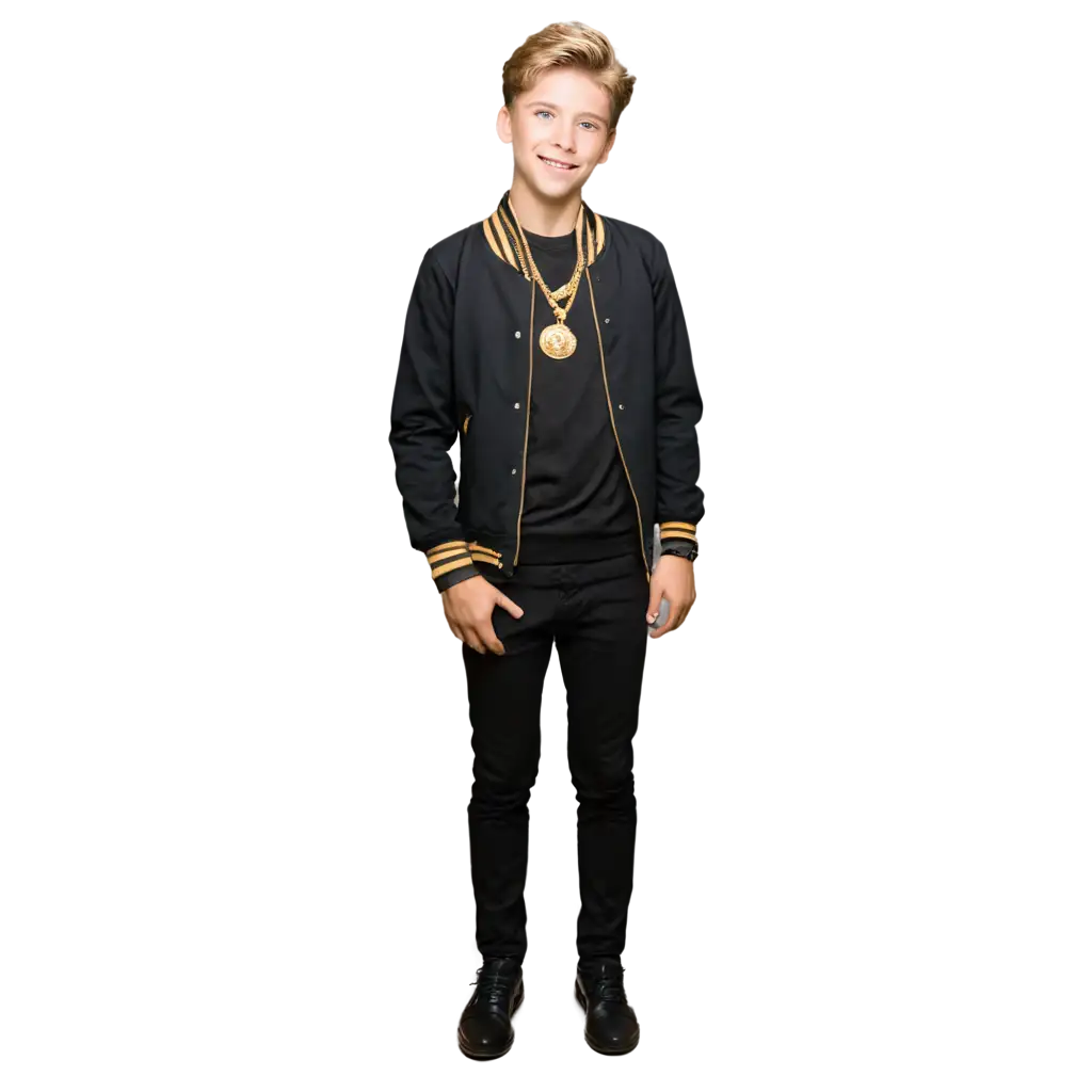 Super handsome and rich 14 year old boy with blond hair and blue eyes. Black baseball jacket, gold necklaces around the neck and other cool clothes wears himself a thick chain of pure gold and smiles