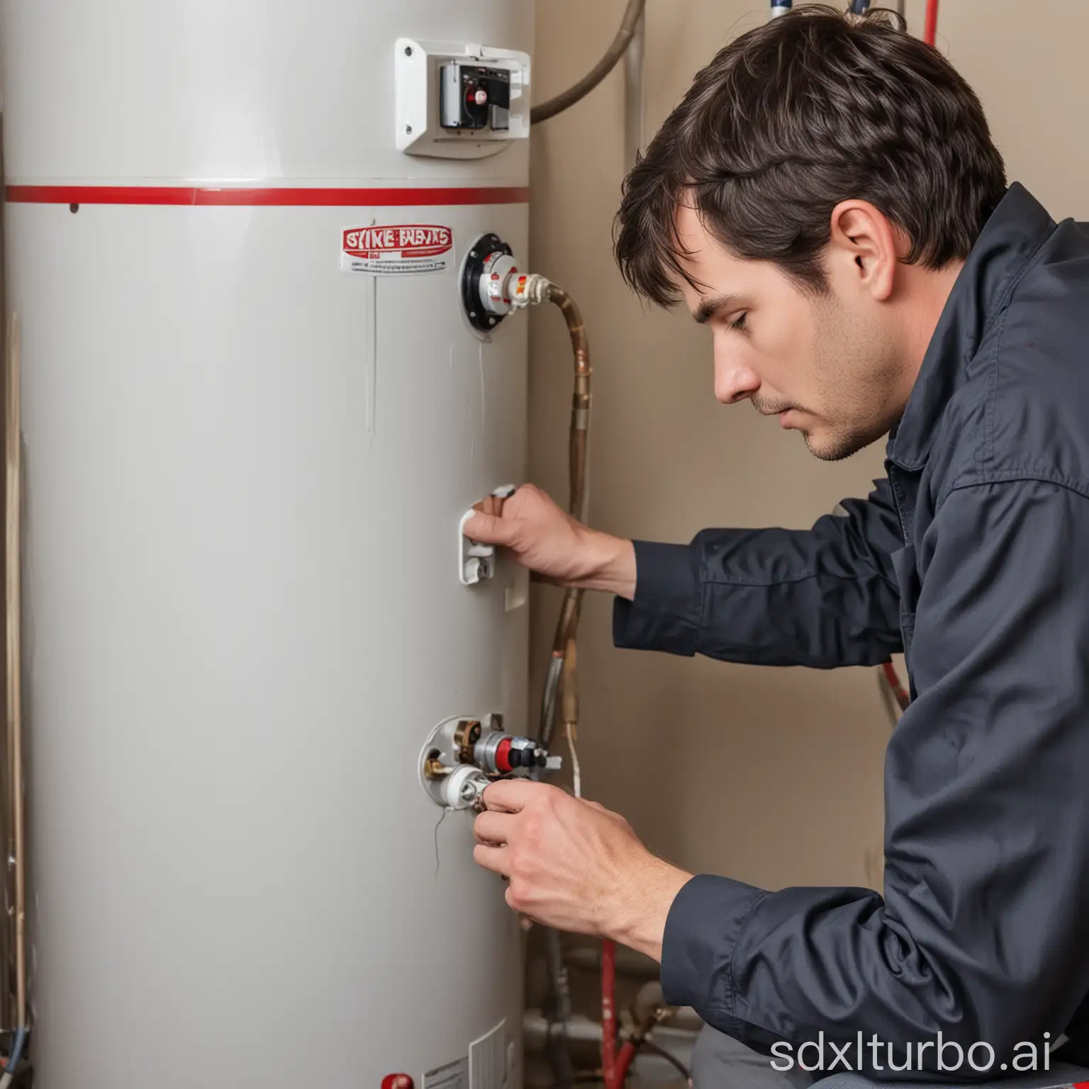 a person repairing a water heater in Colorado. red, black, and white theme.