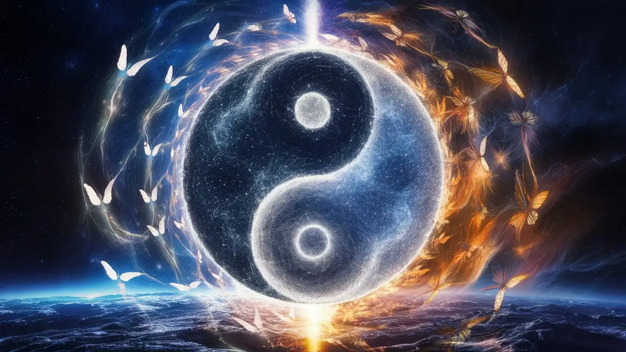Yin yang cosmic soul merge memory add birds butterflies in spirals of infinite power 