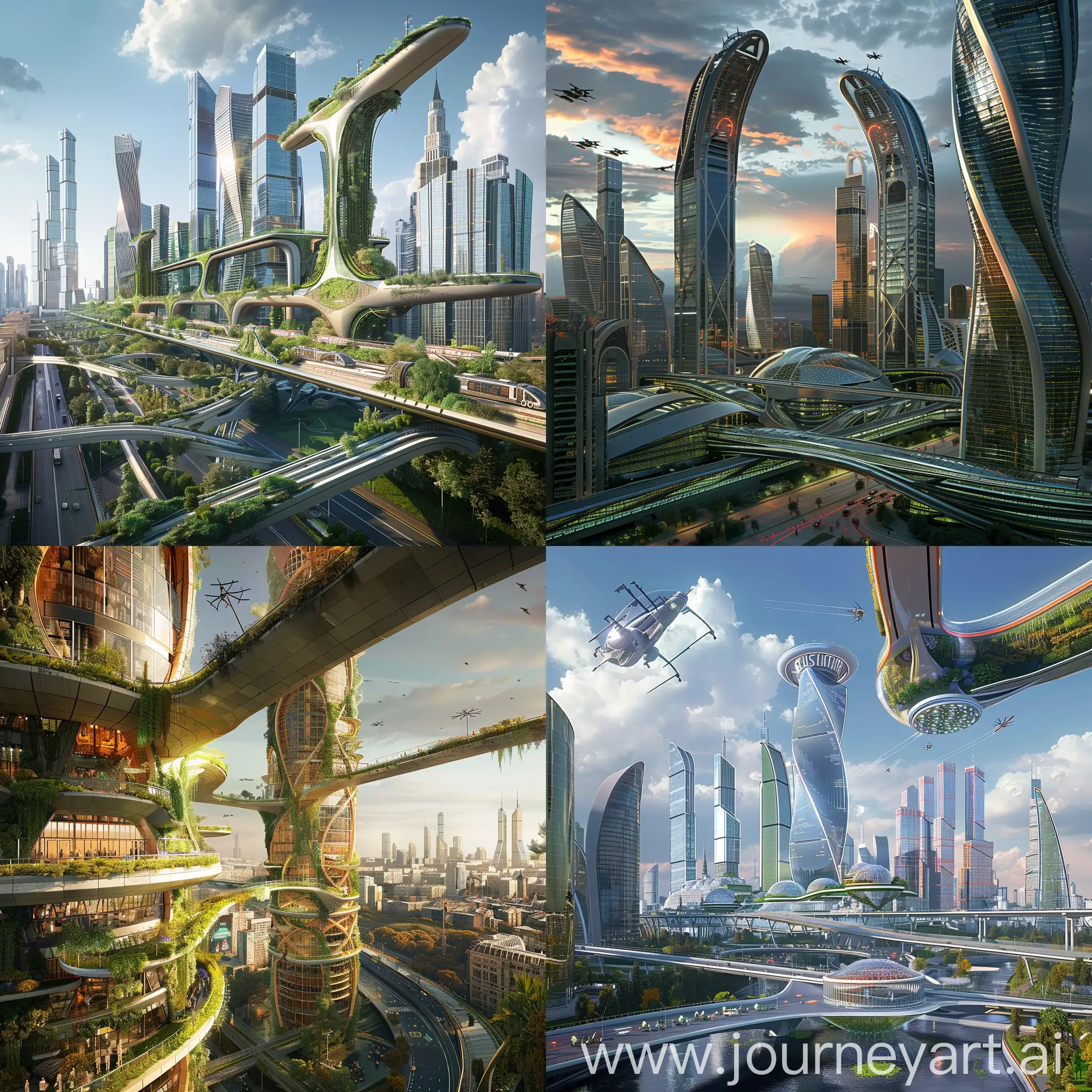 Sci-Fi Moscow, Advanced Science and Technology, Vertical Farms, Energy-Generating Pavements, Smart Windows, Drone Delivery Ports, Waste-to-Energy Systems, Water Reclamation Infrastructure, Biophilic Designs, AI-Managed Microgrids, Hyperloop Transit Hubs, Nano-structured Building Materials, Self-Cleaning Buildings, Solar Skin Facades, Atmospheric Water Generators, Green Bridges, Interactive Public Art, Eco-Friendly Public Transport, Urban Wind Turbines, Responsive Street Lighting, Climate-Adaptive Structures, Holographic Signage, In Unreal Engine 5 Style --stylize 1000
