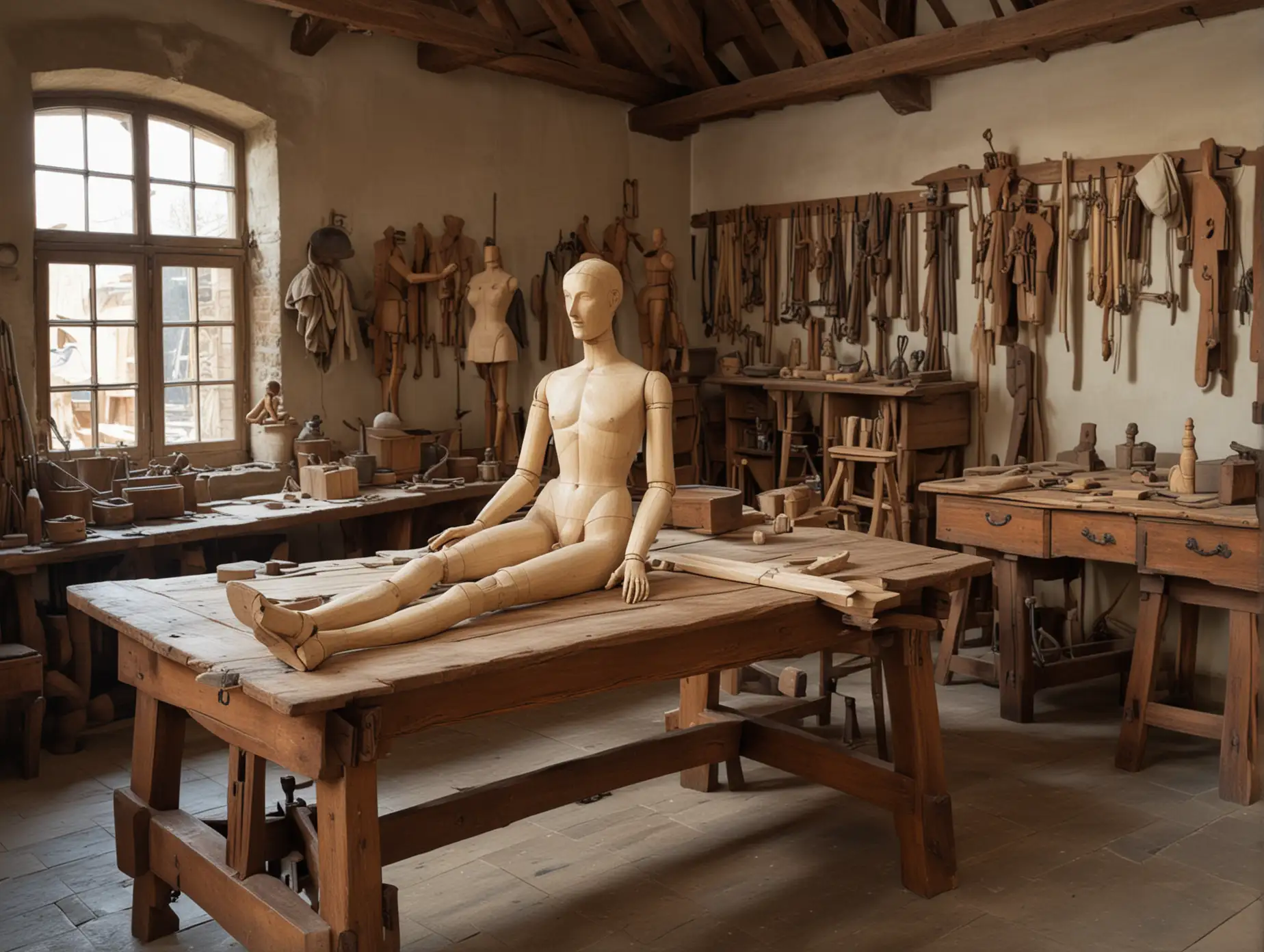 16th century workshop interior with a large half-constucted wooden mannequin lying on a wooden table