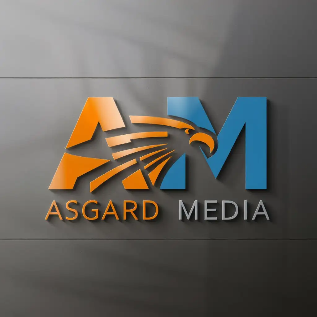 a logo design,with the text "ASGARD MEDIA", main symbol: Modern, sleek, professional logo featuring "AM" initials. The letter "A" in orange (#FE7A36) and the letter "M" in blue (#3652AD). Includes an eagle or falcon wing icon, integrated with or positioned near the letters. Unique, easily recognizable, and scalable design.

Symbol: eagle bird wing icon / falcon wing icon.,Moderate,clear background