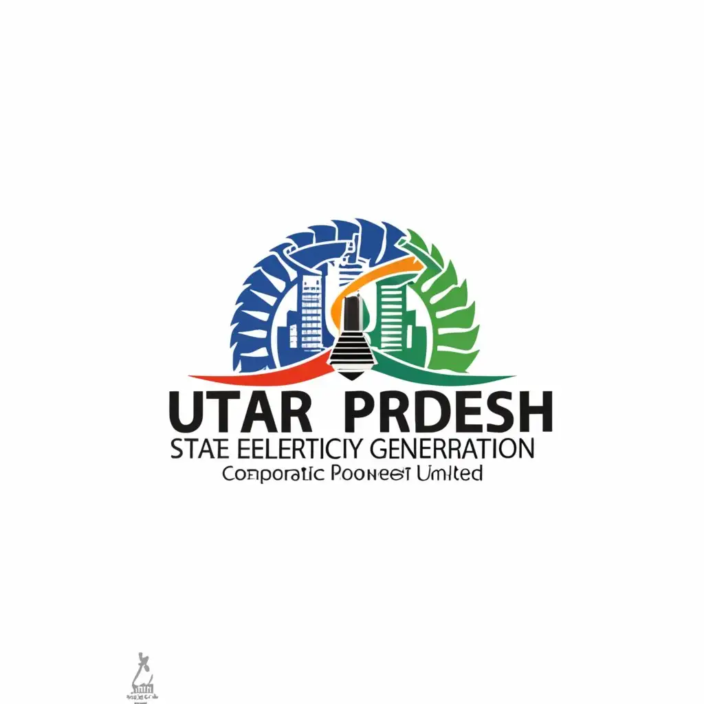 a logo design,with the text "Uttar Pradesh State Electricity Generation Corporation Limited", main symbol:A Thermal Power Plant Clip art and Hydro Power Plant Clip art on a Fan with Flow of Water and Electric Current,Moderate,be used in Automotive industry,clear background