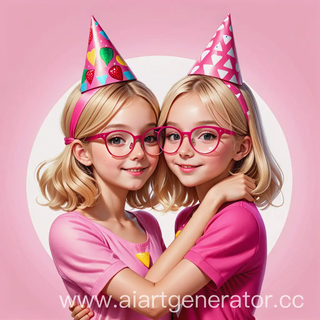 Blonde-Girls-Hugging-in-Pink-with-Party-Hat-and-Glasses
