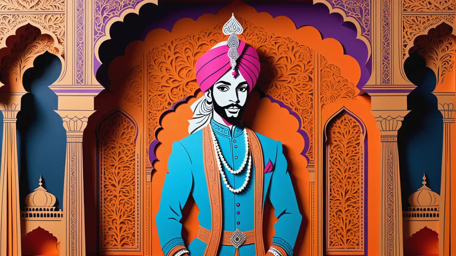 Indian Prince in Turban with Rich Attire Inside Castle Paper Cutting Art