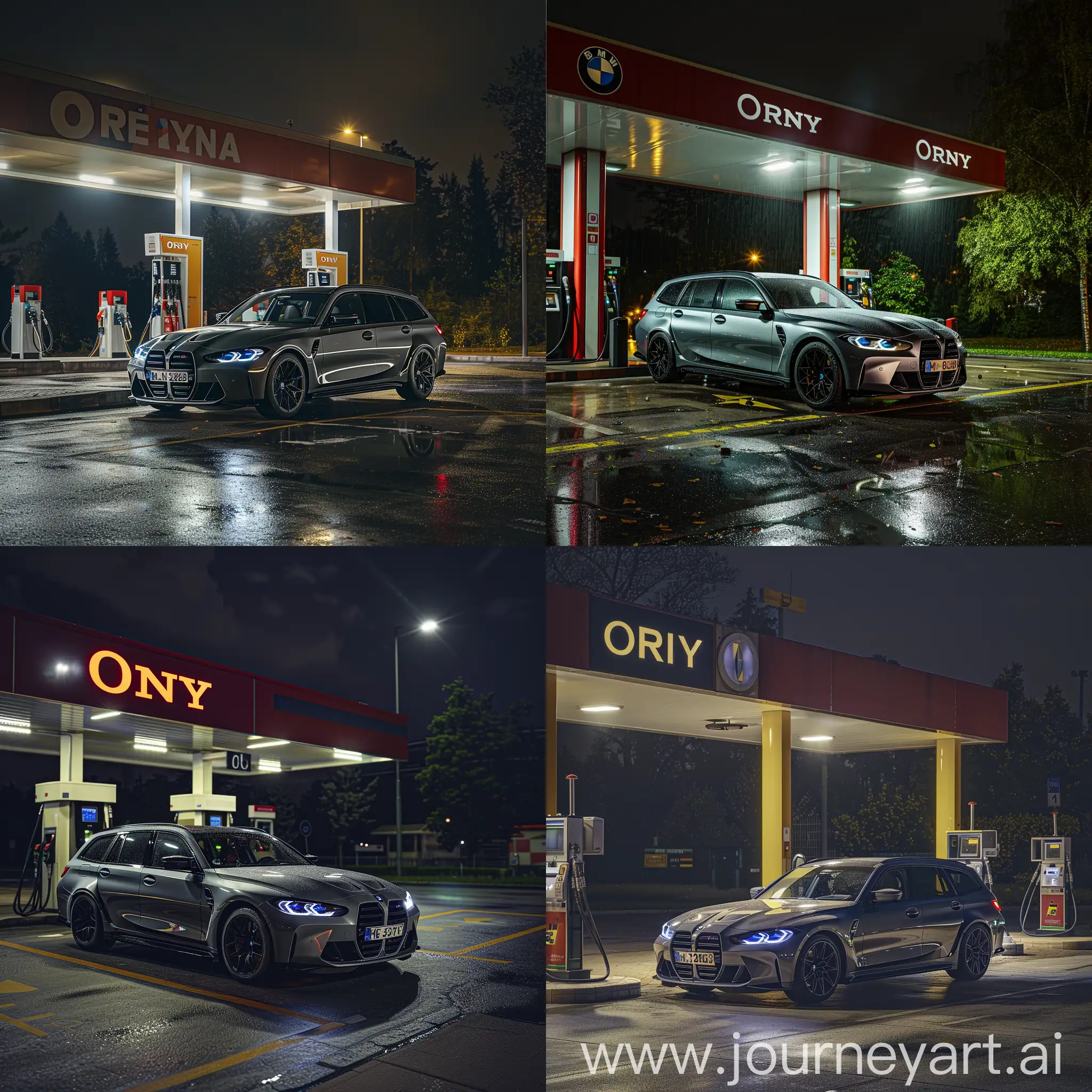 Create a realistic night-time photograph with a Sony Alpha camera using a 200mm lens, finely tuned for optimal settings. The subject is a 2023 gray BMW M3 Touring, parked at an Orlen fuel station in Poland. The scene, captured at night, is illuminated by the LED lights of the car, casting a bright glow on the surroundings. The sunny weather is not visible in the image due to the nocturnal setting, but the station lights and the car's LEDs create a vivid and dynamic atmosphere. --v 6.0
