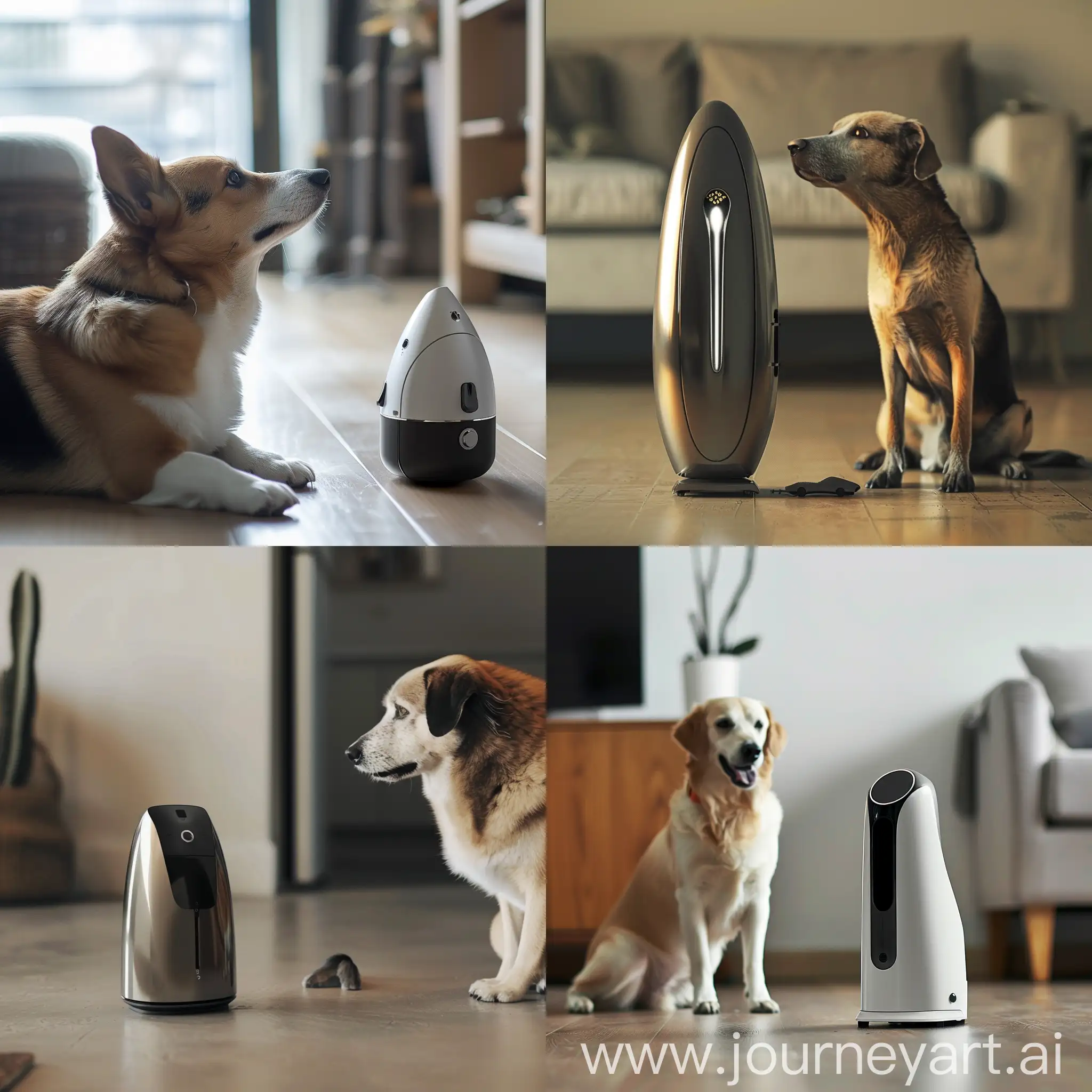 Image of a small, sleek machine next to a dog, realistic. like promotion
