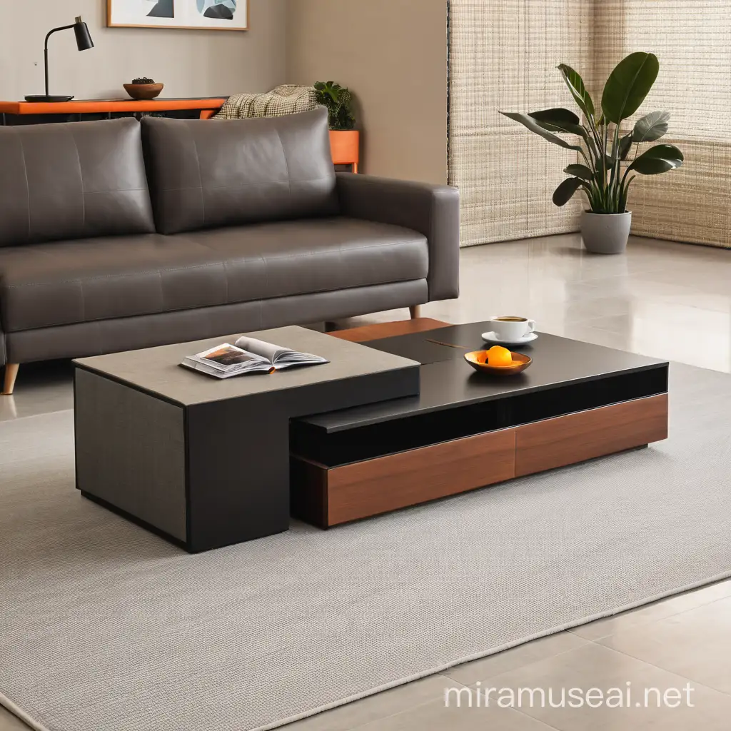 一款无脚落地茶几，旁有一张橙色灯芯绒沙发，浅暖色的灰色陶瓷地板，暖灰色格子地毯