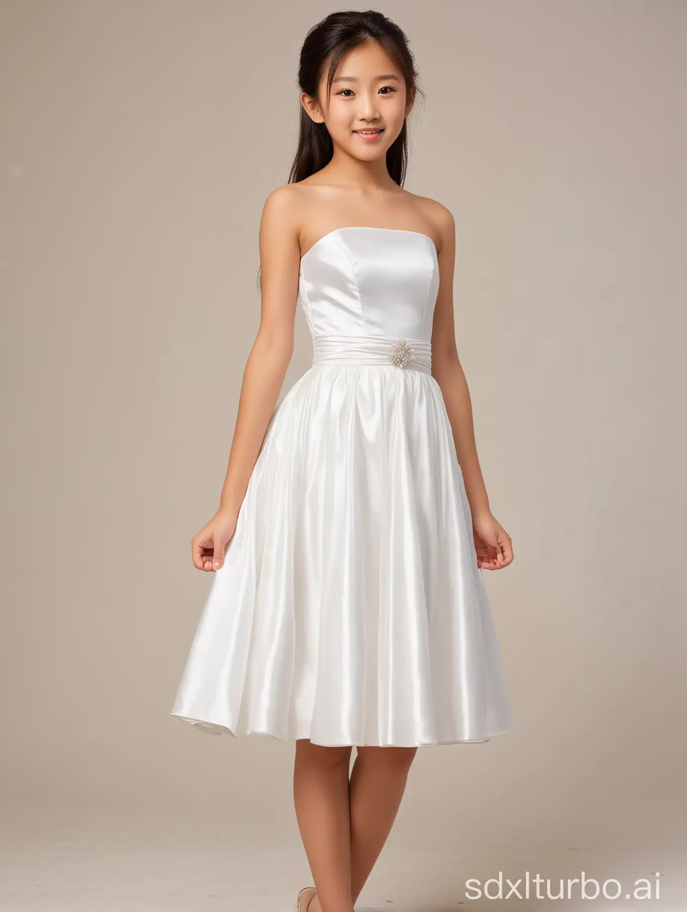 11yo,1girl,Japanese,white strapless short wedding dress,full body