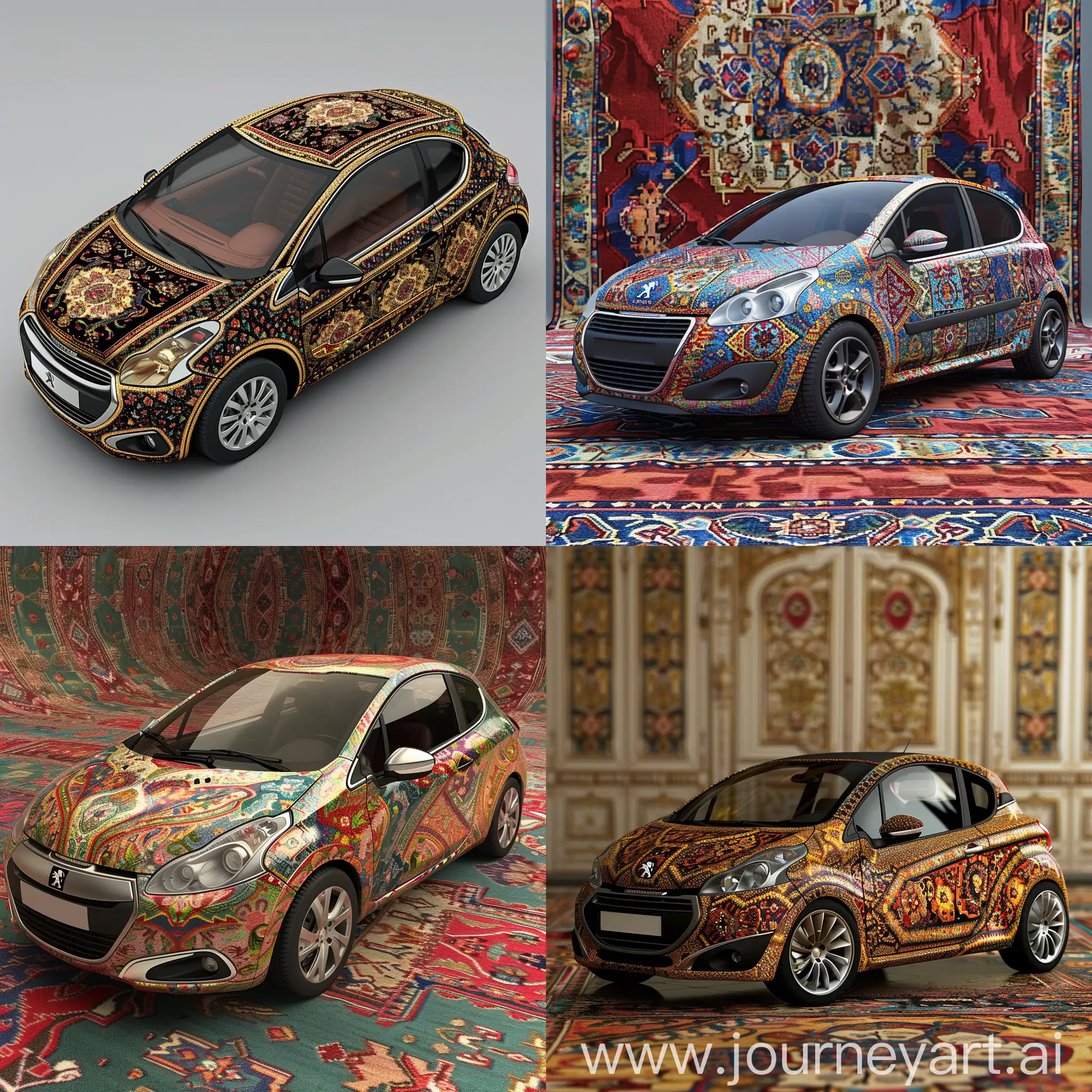 Design the Peugeot 207 car with Iranian carpet designs in a completely natural way, the background should be Iranian carpet, very realistic, 3d, exhibition angle, there should be a design of Iranian carpet on the car and match the background