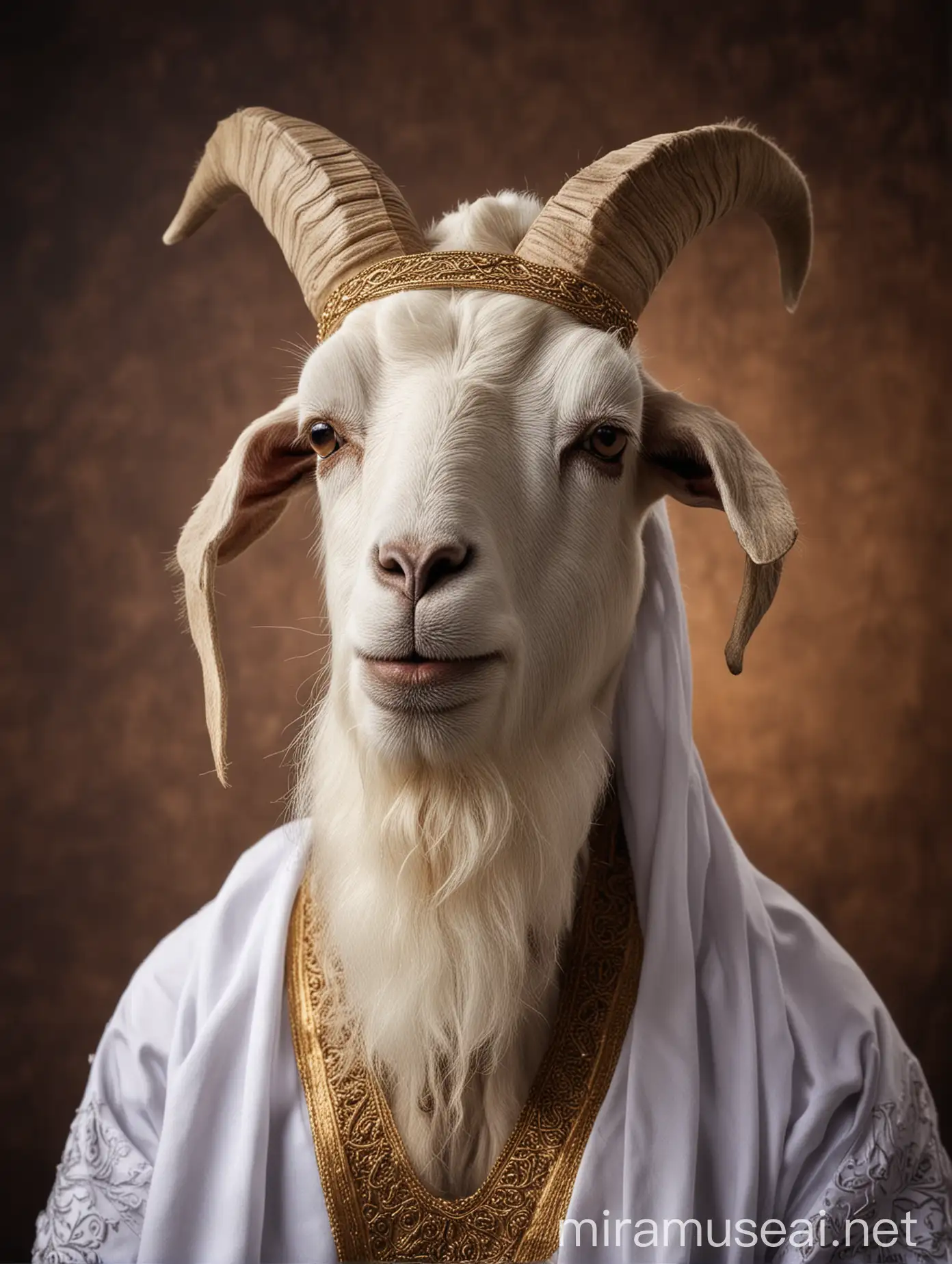 A Muslim goat has a sheikh's beard dressed as a sheikh with dark color eid al adha background.