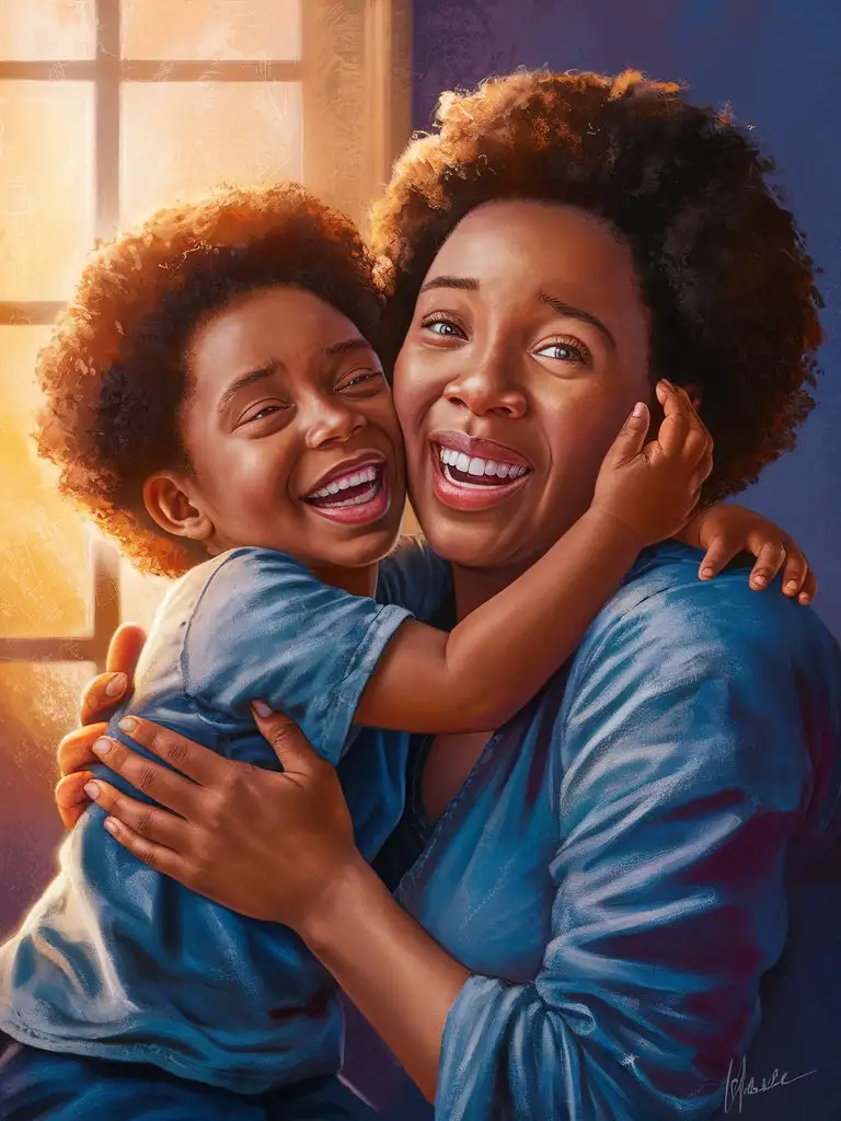 A digital painting of an ethnic mother and child sharing a joyful moment of laughter and play, showcasing the joy and positivity that a Christian mother brings into her child's life, reflecting God's love as a source of joy and delight.