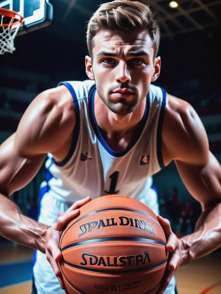 Handsome basketball player, sexy muscles, wonderful capture at the moment of shooting, exquisite facial features, facing the camera, action camera shooting, professional photography technology