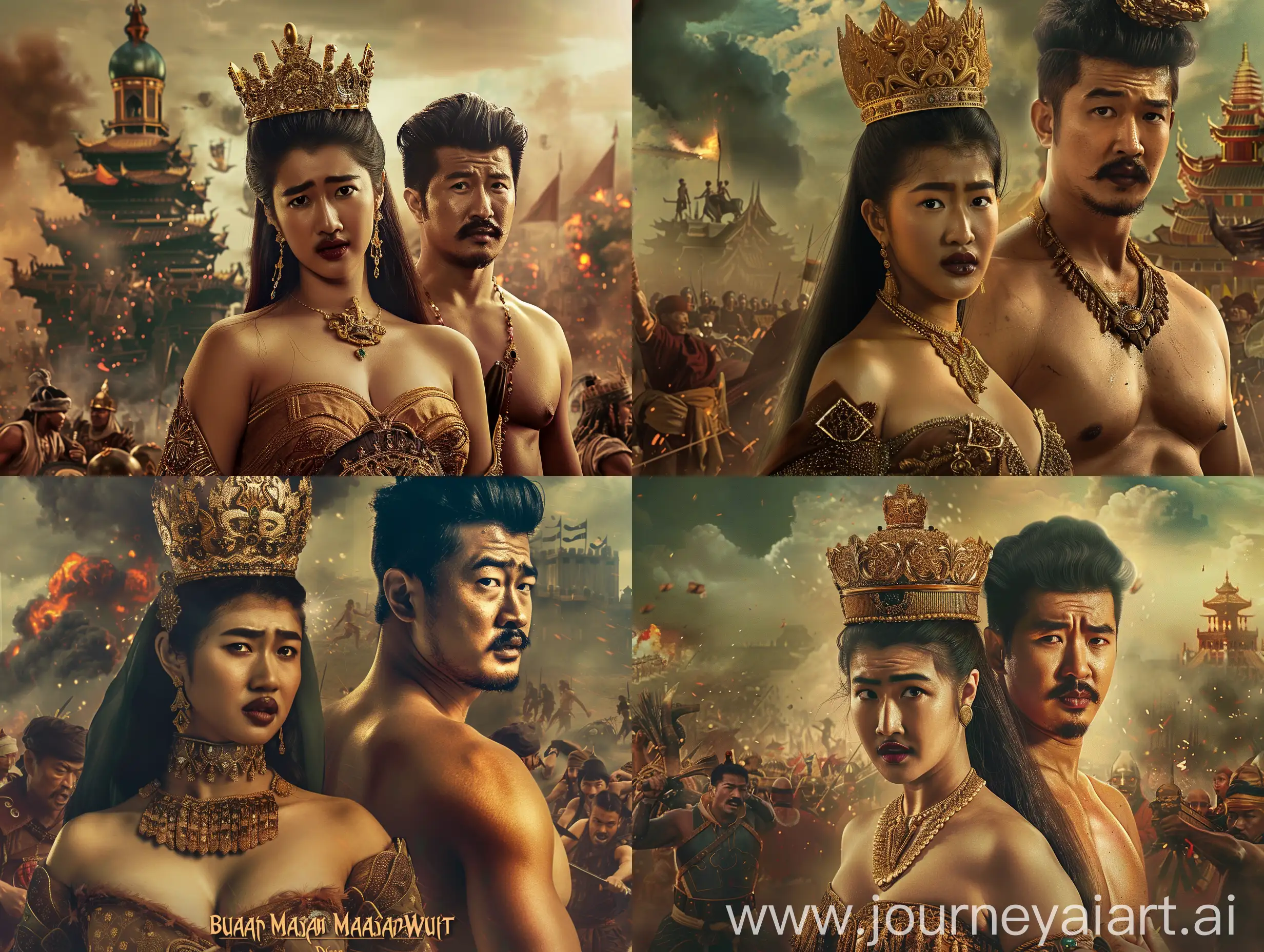 Create a dramatic movie poster, featuring Princess Dyah Pitaloka in the center, wearing a gold crown and traditional royal clothing.   Beside him, show King Hayam Wuruk in Majaphit royal clothing, without a shirt.   The background should depict the chaotic battlefield of Bubat Square with clashing fighters.   Use rich, warm colors like maroon, gold, and emerald green.   Use soft, dramatic lighting to highlight central figures.