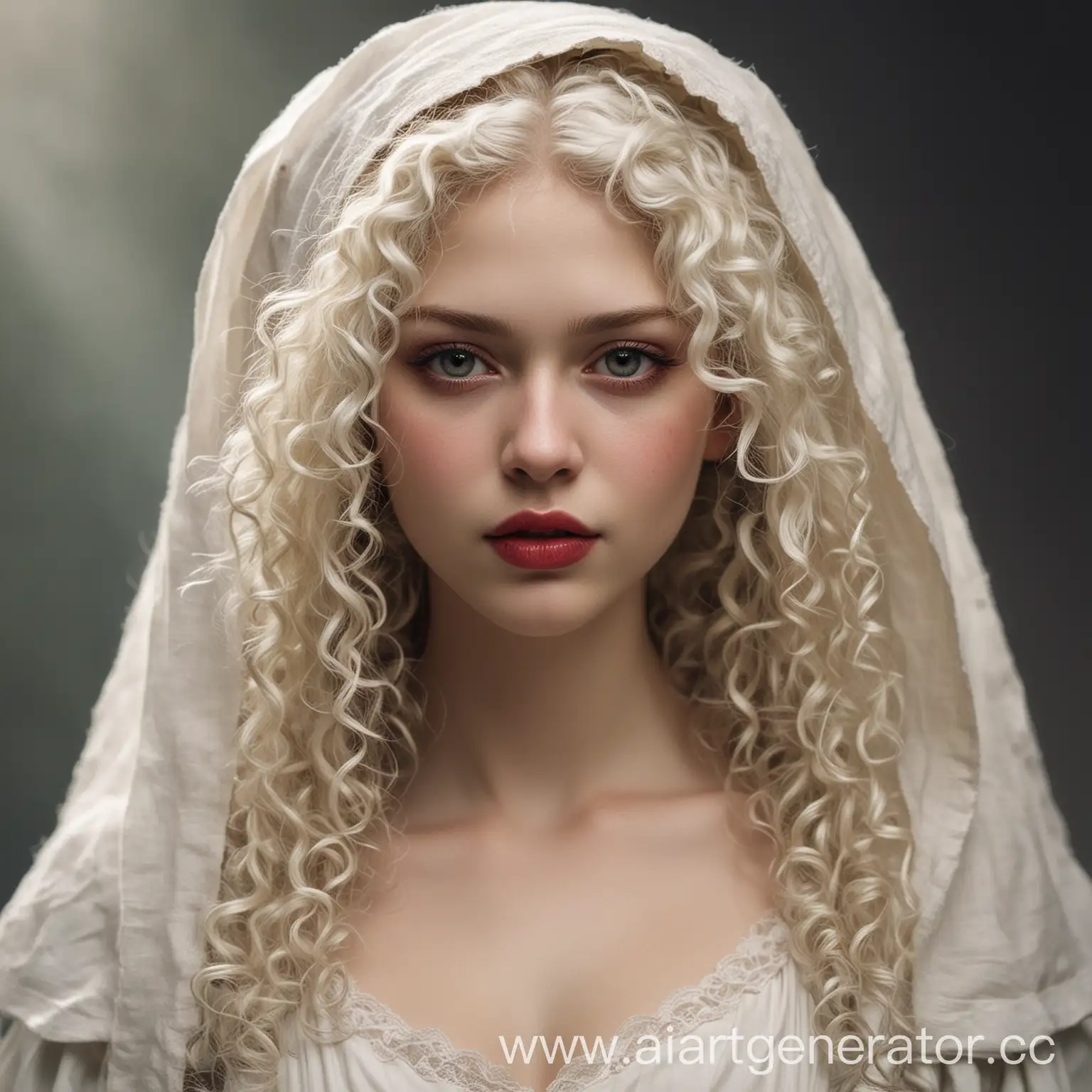 Young-Woman-in-White-Mantle-with-Cherry-Lips-and-Frowning-Eyebrows