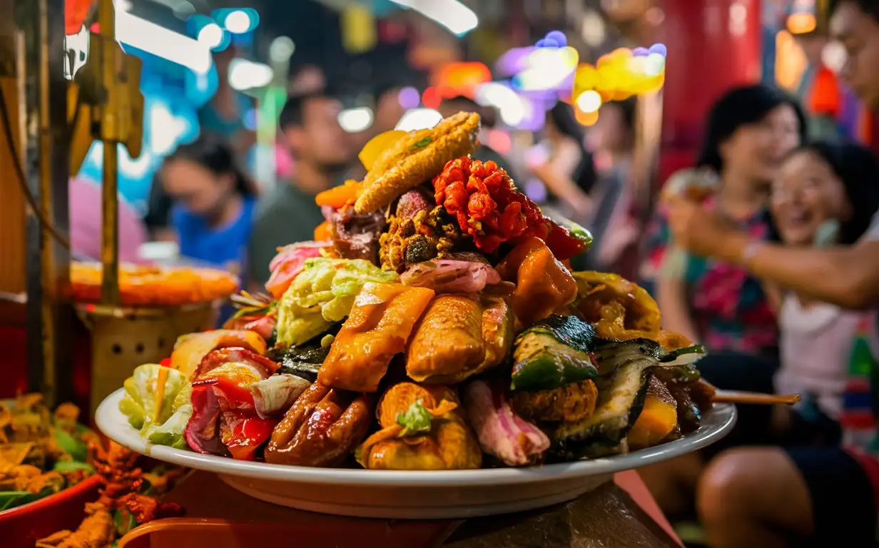 A plate of colorful Vietnam street food at a bustling market stall, photographed in a documentary style, with vivid on-site lighting, a frontal shot, and a dynamic composition, capturing the vibrancy of the snacks and the liveliness of the market.