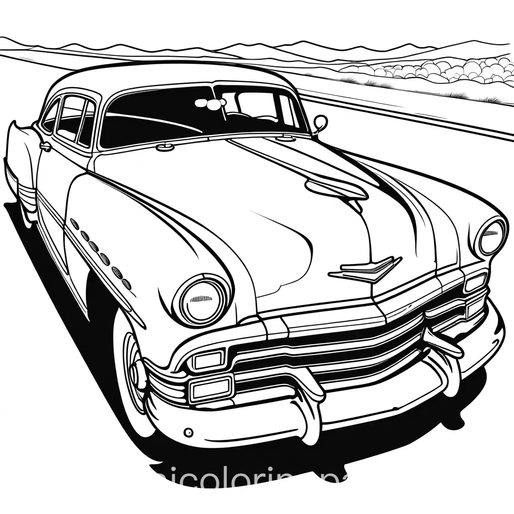 classic American car coloring page, Coloring Page, black and white, line art, white background, Simplicity, Ample White Space. The background of the coloring page is plain white to make it easy for young children to color within the lines. The outlines of all the subjects are easy to distinguish, making it simple for kids to color without too much difficulty