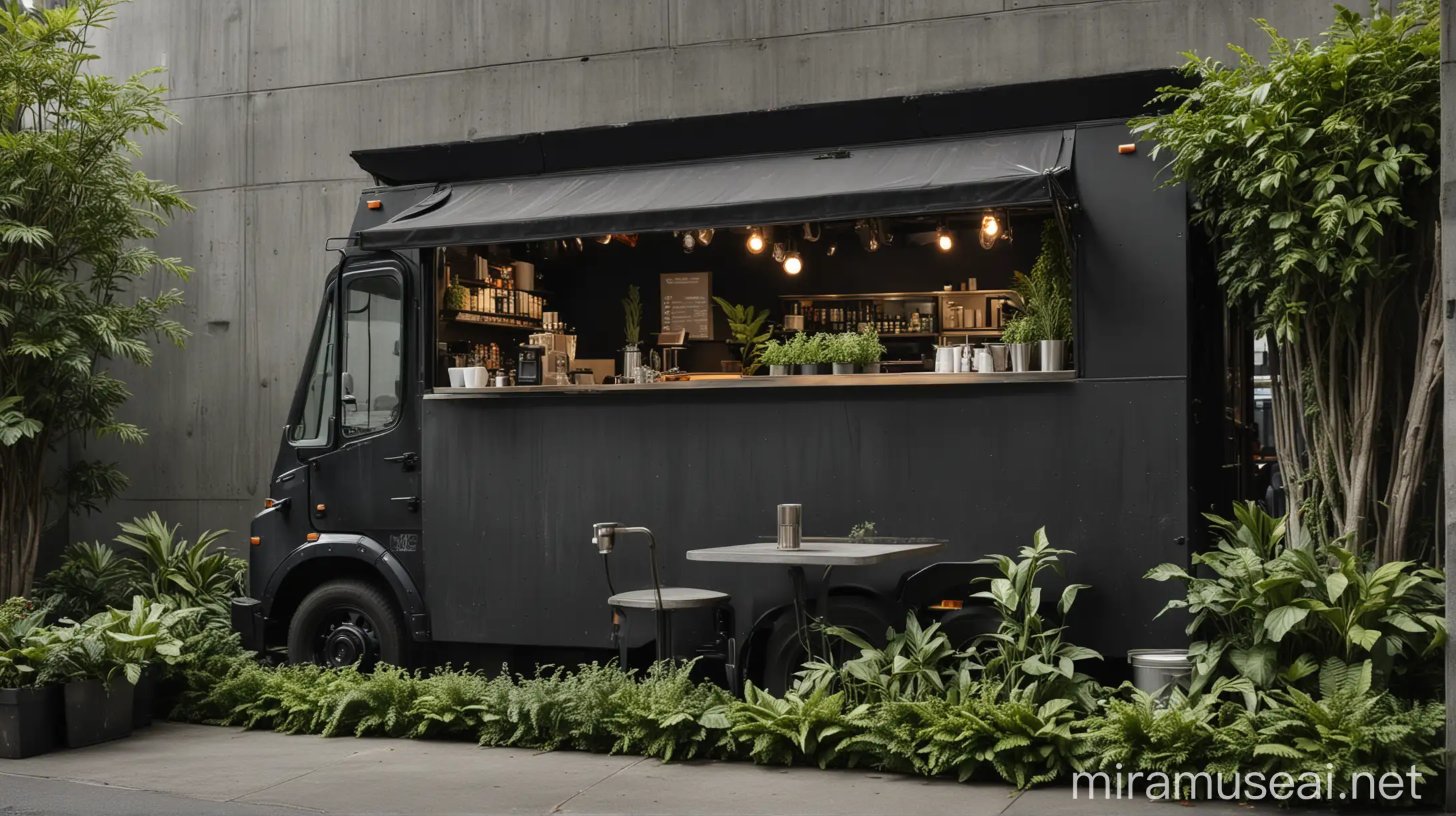 A wide-angle shot (taken with a Sony a7R V) showcasing the inviting, urban-inspired interior of a sleek, black coffee truck. The interior features exposed concrete walls, minimalist furniture, and a wall of greenery. A large window offers a view of the bustling city, while the soft hum of traffic creates a calming backdrop.